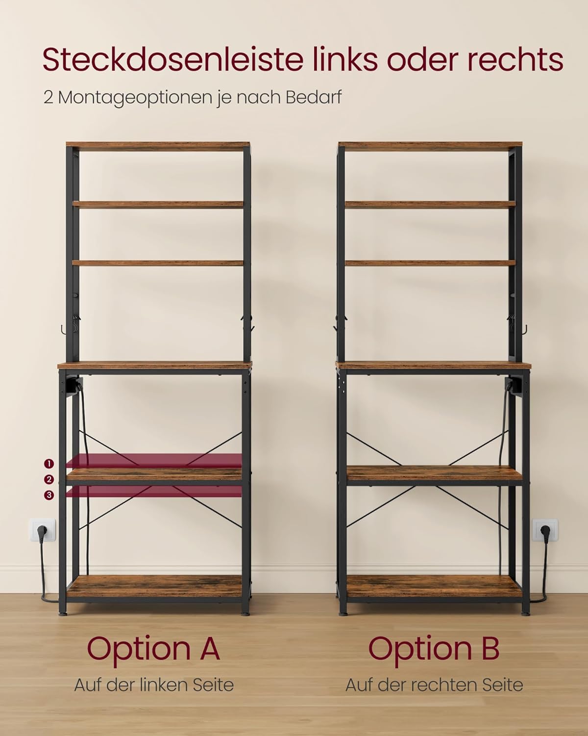 VASAGLE Küchenregal mit Steckdosen, Standregal für Küche, Mikrowellen-Regal, 6 Regalebenen, 6 Haken, Stahlrahmen, 40 x 60 x 167 cm, vintagebraun-tintenschwarz KKS124K01 — Ansicht 6