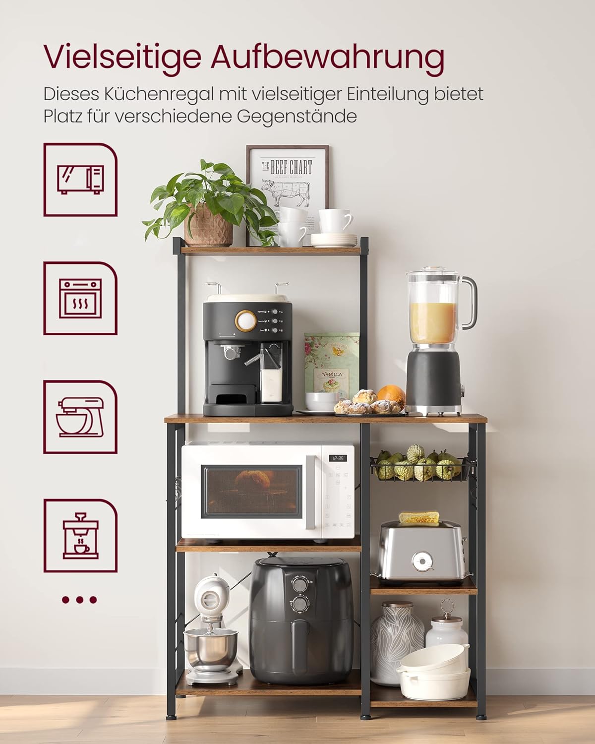 VASAGLE Küchenregal, Standregal, Bäckerregal mit Metallkorb, 6 Haken, Mikrowellenregal, für Gewürz, Töpfe und Pfannen, 40 x 90 x 134 cm, vintagebraun-schwarz KKS35X — Ansicht 2