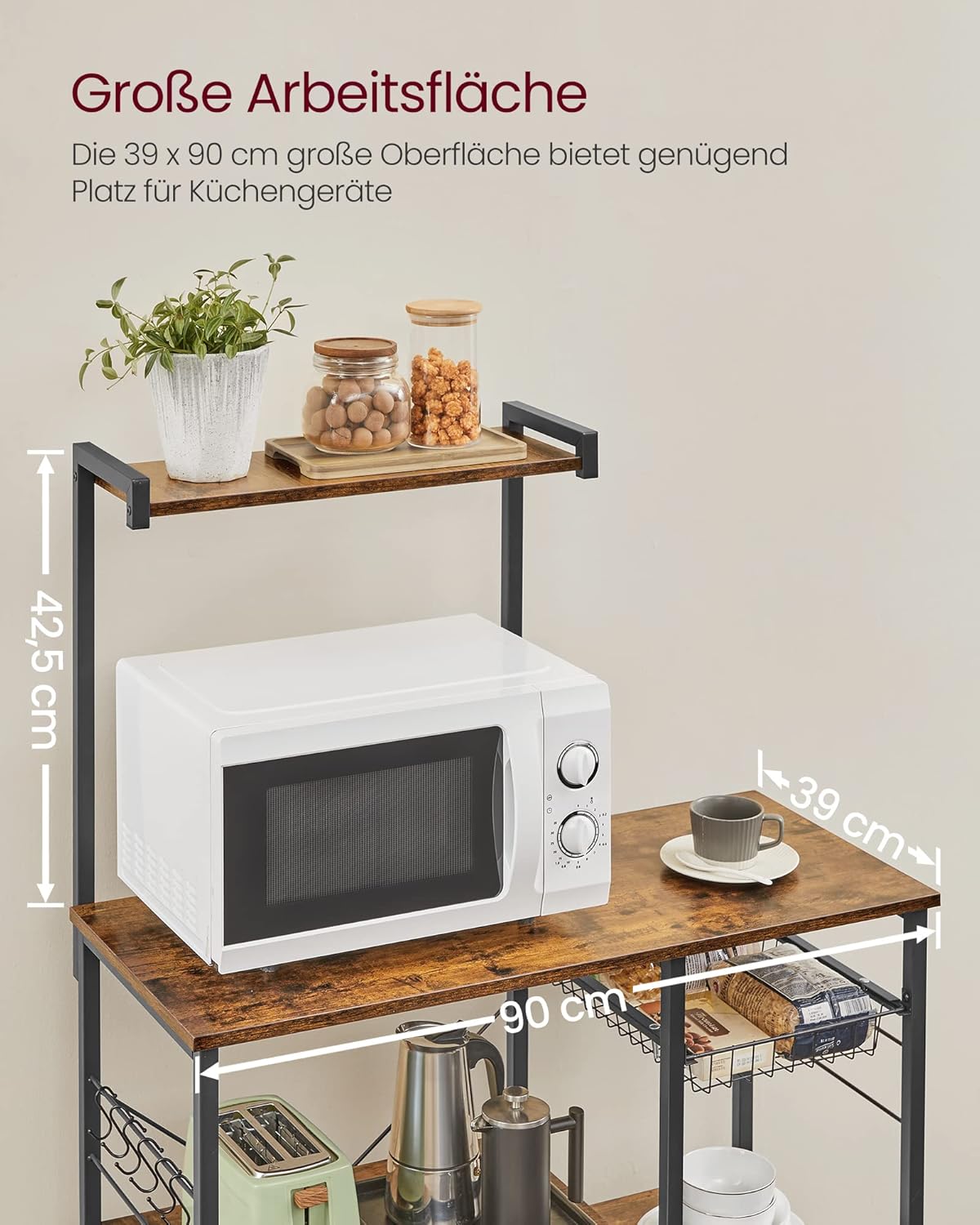 VASAGLE Küchenregal, Standregal, Bäckerregal mit Metallkorb, 6 Haken, Mikrowellenregal, für Gewürz, Töpfe und Pfannen, 40 x 90 x 134 cm, vintagebraun-schwarz KKS35X — Ansicht 3
