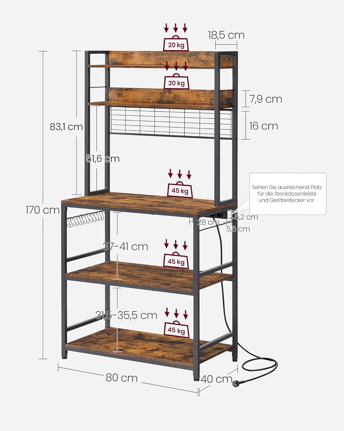 VASAGLE Küchenregal, Standregal mit Steckdosen, Mikrowellen-Regal, mit Gitterplatte, 14 Haken, 40 x 80 x 170 cm, vintagebraun-schwarz KKS025B01EU — Ansicht 3