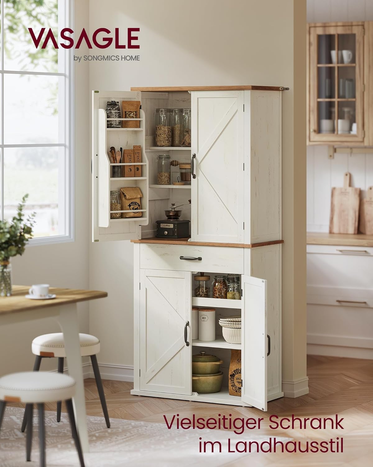 VASAGLE Küchenschrank, 178,6 cm hoher Mehrzweckschrank, Landhausstil, mit Schiebetüren, Schublade, Ablage und verstellbaren Einlegeböden, für Küche Esszimmer, vintageweiß BBK364W02 — Ansicht 2