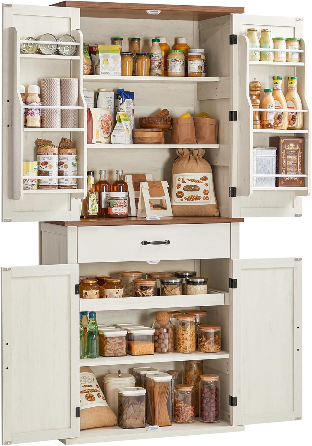 VASAGLE Küchenschrank, 178,6 cm hoher Mehrzweckschrank, Landhausstil, mit Schiebetüren, Schublade, Ablage und verstellbaren Einlegeböden, für Küche Esszimmer, vintageweiß BBK364W02