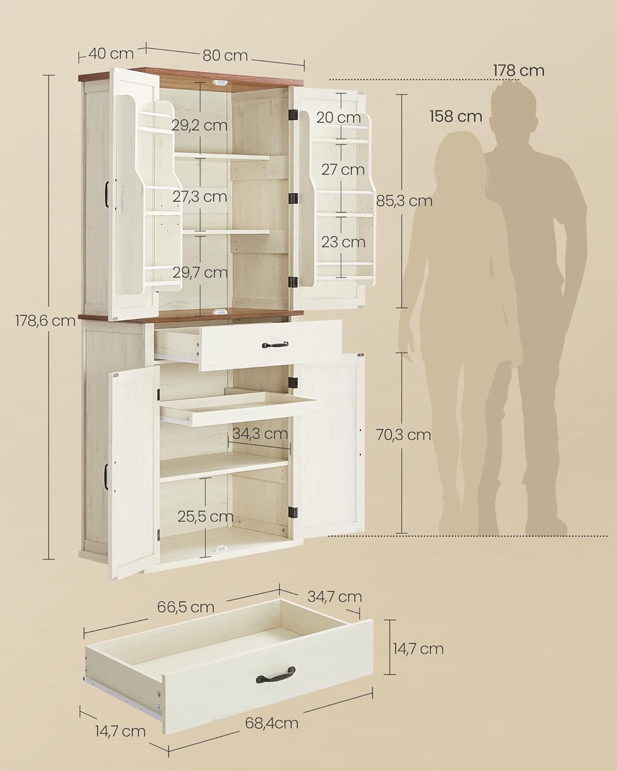 VASAGLE Küchenschrank, 178,6 cm hoher Mehrzweckschrank, Landhausstil, mit Schiebetüren, Schublade, Ablage und verstellbaren Einlegeböden, für Küche Esszimmer, vintageweiß BBK364W02 — Ansicht 3