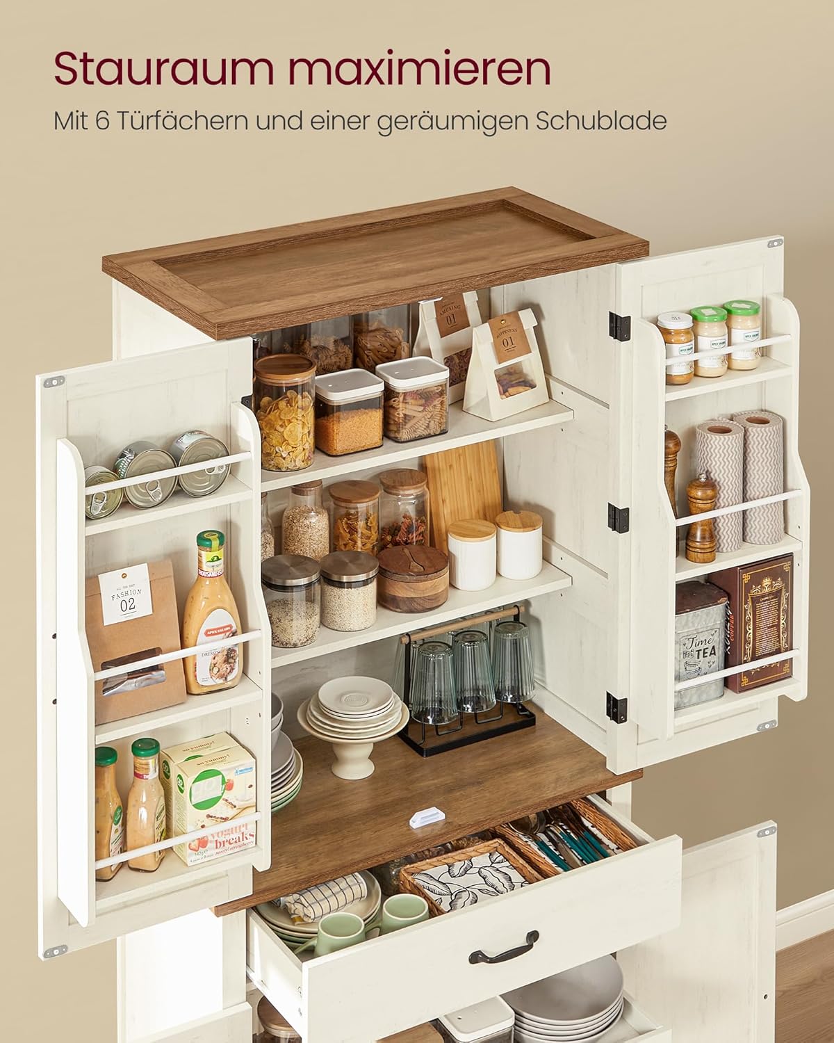 VASAGLE Küchenschrank, 178,6 cm hoher Mehrzweckschrank, Landhausstil, mit Schiebetüren, Schublade, Ablage und verstellbaren Einlegeböden, für Küche Esszimmer, vintageweiß BBK364W02 — Ansicht 4