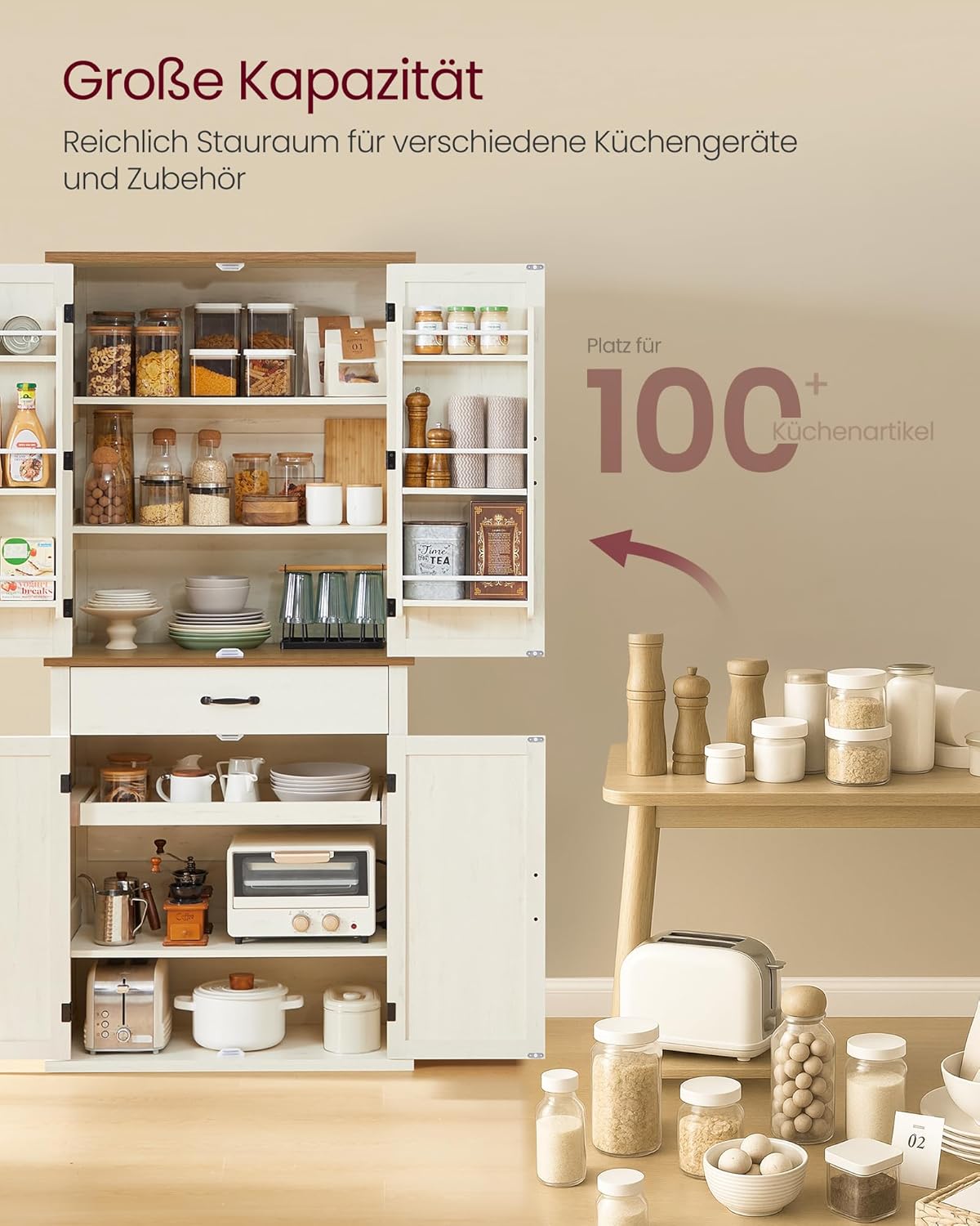VASAGLE Küchenschrank, 178,6 cm hoher Mehrzweckschrank, Landhausstil, mit Schiebetüren, Schublade, Ablage und verstellbaren Einlegeböden, für Küche Esszimmer, vintageweiß BBK364W02 — Ansicht 5