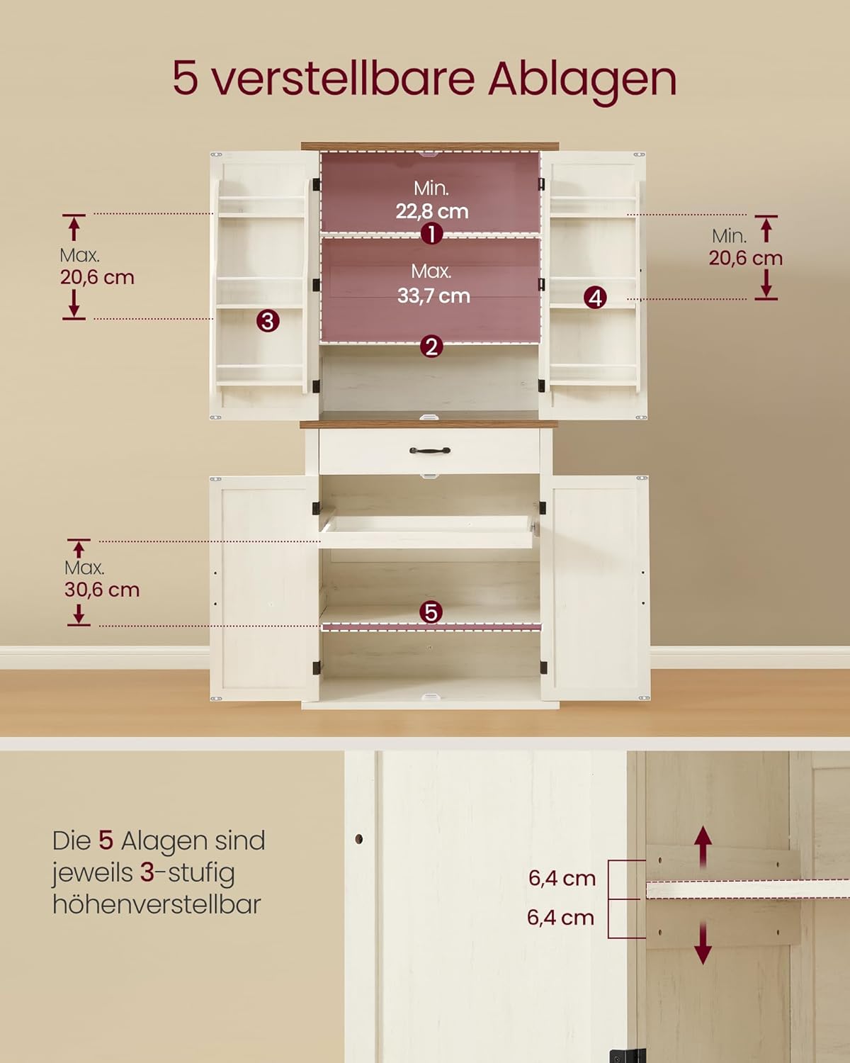VASAGLE Küchenschrank, 178,6 cm hoher Mehrzweckschrank, Landhausstil, mit Schiebetüren, Schublade, Ablage und verstellbaren Einlegeböden, für Küche Esszimmer, vintageweiß BBK364W02 — Ansicht 6