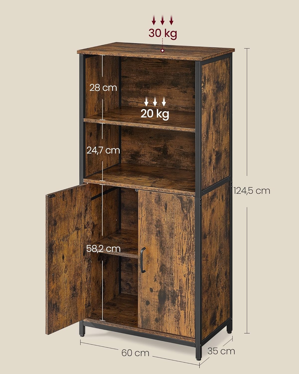 VASAGLE Küchenschrank, Bücherregal, 2 offene Fächer, Schrank mit verstellbaren Ablagen, Bücherschrank mit Türen, Stahlrahmen, für Wohnzimmer, Küche, Arbeitszimmer, vintagebraun-schwarz LSC66BX — Ansicht 3