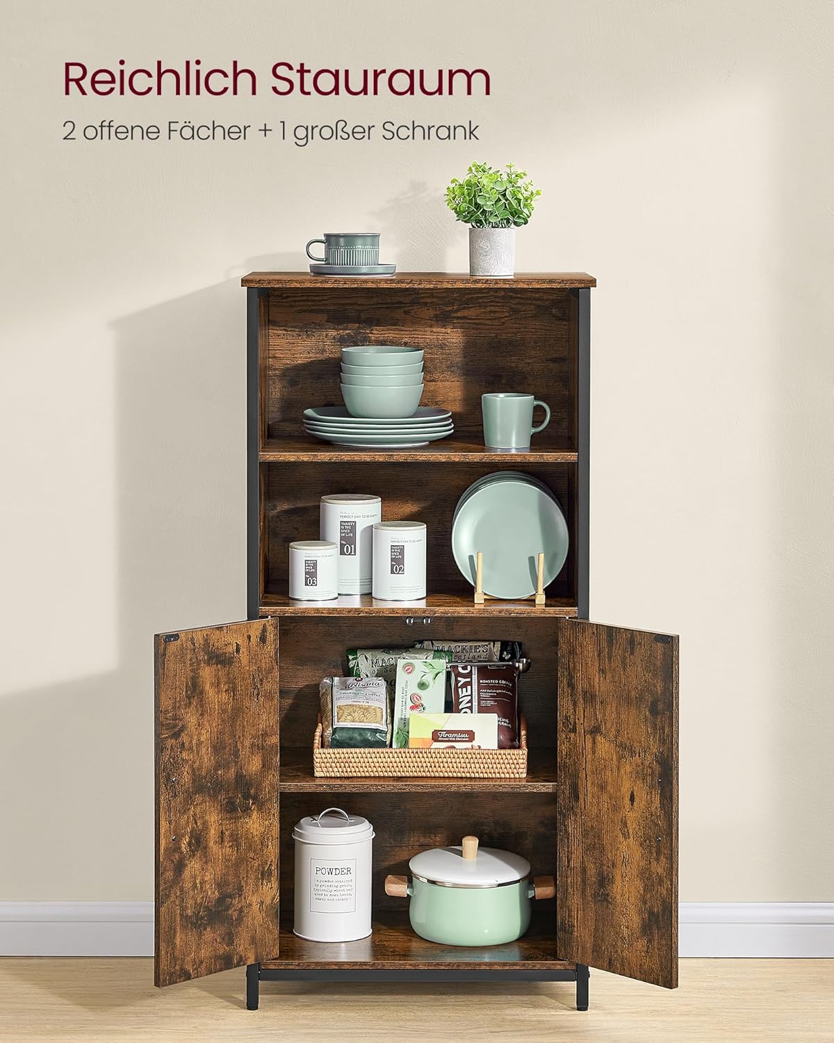 VASAGLE Küchenschrank, Bücherregal, 2 offene Fächer, Schrank mit verstellbaren Ablagen, Bücherschrank mit Türen, Stahlrahmen, für Wohnzimmer, Küche, Arbeitszimmer, vintagebraun-schwarz LSC66BX — Ansicht 4