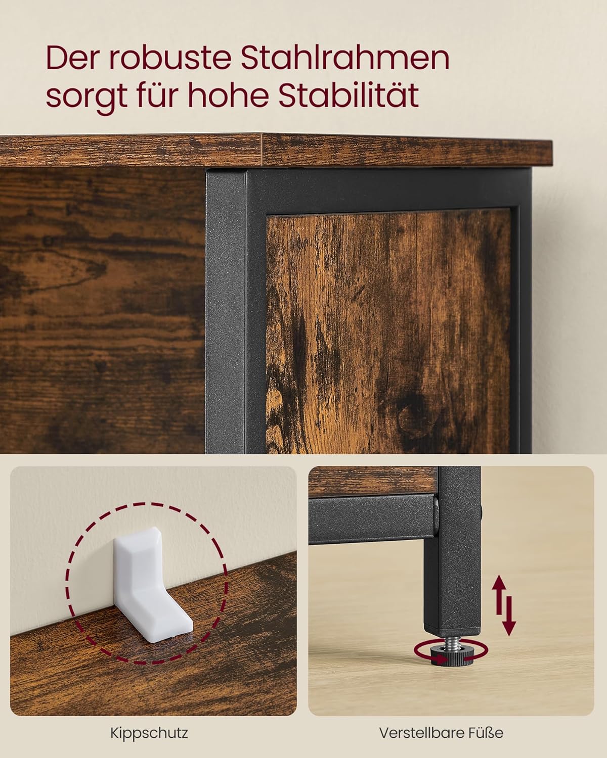 VASAGLE Küchenschrank, Bücherregal, 2 offene Fächer, Schrank mit verstellbaren Ablagen, Bücherschrank mit Türen, Stahlrahmen, für Wohnzimmer, Küche, Arbeitszimmer, vintagebraun-schwarz LSC66BX — Ansicht 6