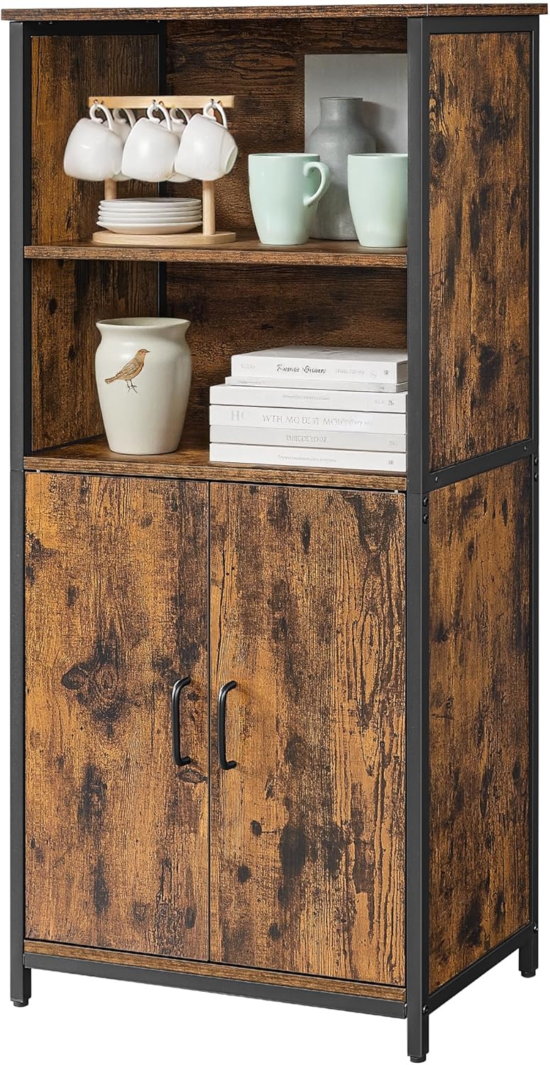 VASAGLE Küchenschrank, Bücherregal, 2 offene Fächer, Schrank mit verstellbaren Ablagen, Bücherschrank mit Türen, Stahlrahmen, für Wohnzimmer, Küche, Arbeitszimmer, vintagebraun-schwarz LSC66BX
