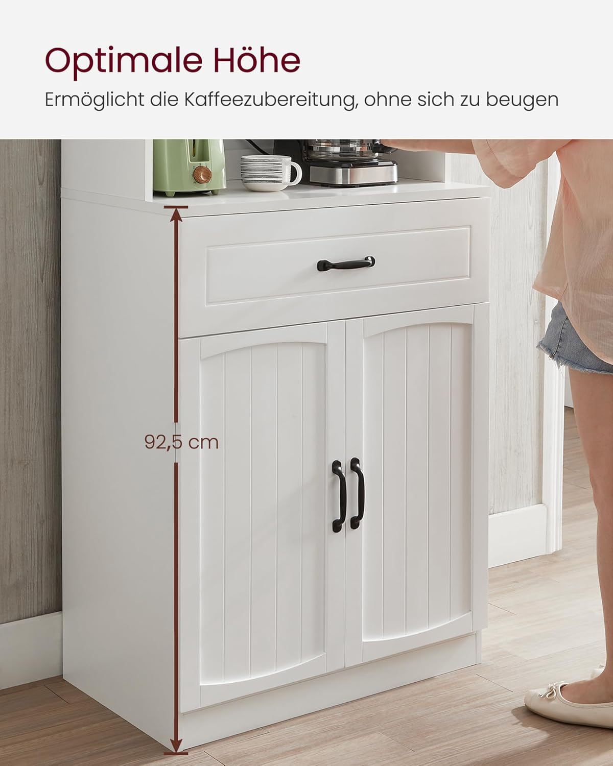 VASAGLE Küchenschrank, Mehrzweckschrank, Vorratsschrank, mit verstellbaren Einlegeböden, für Mikrowellen geeignet, Schublade, Glastüren, Kabelloch, moderner Stil, weiß LSC361W21 — Ansicht 3