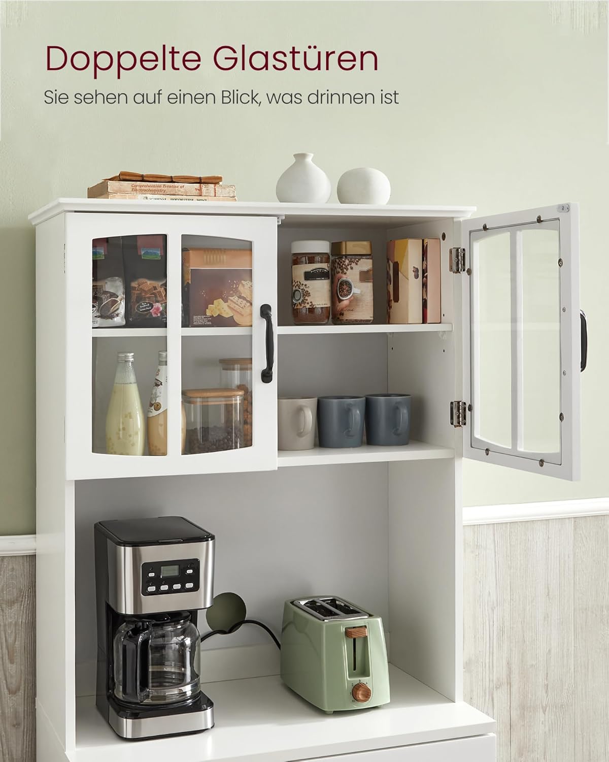 VASAGLE Küchenschrank, Mehrzweckschrank, Vorratsschrank, mit verstellbaren Einlegeböden, für Mikrowellen geeignet, Schublade, Glastüren, Kabelloch, moderner Stil, weiß LSC361W21 — Ansicht 4