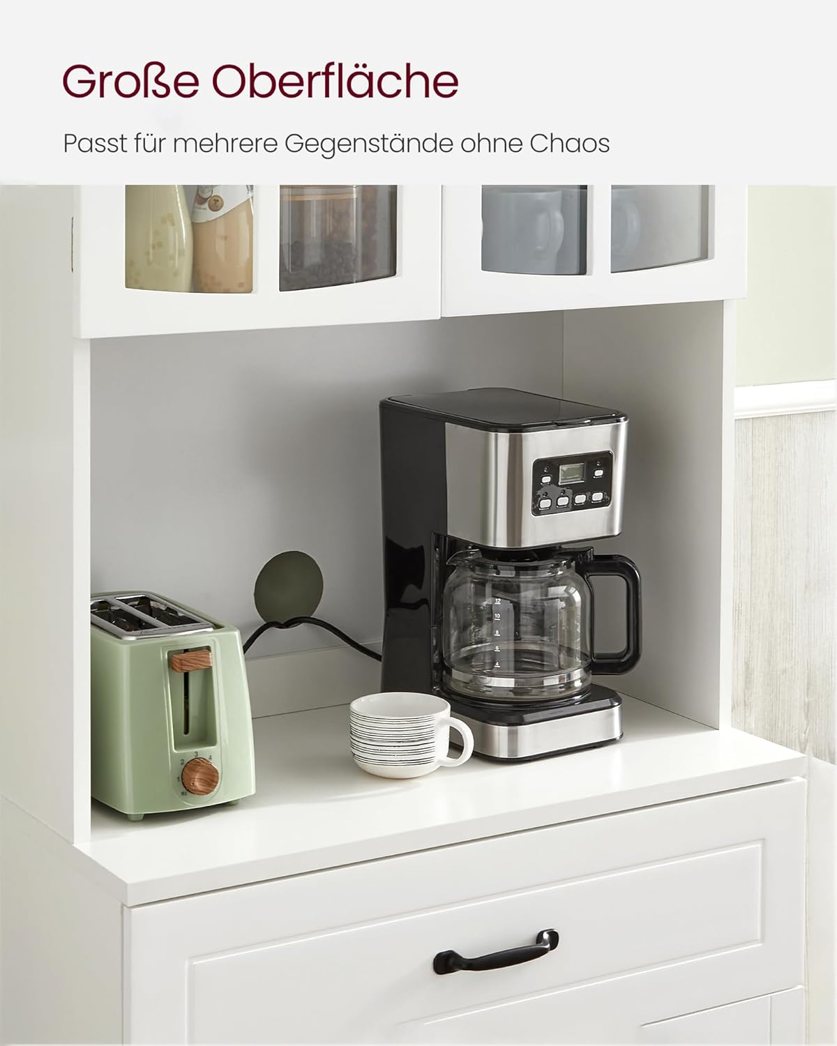 VASAGLE Küchenschrank, Mehrzweckschrank, Vorratsschrank, mit verstellbaren Einlegeböden, für Mikrowellen geeignet, Schublade, Glastüren, Kabelloch, moderner Stil, weiß LSC361W21 — Ansicht 5