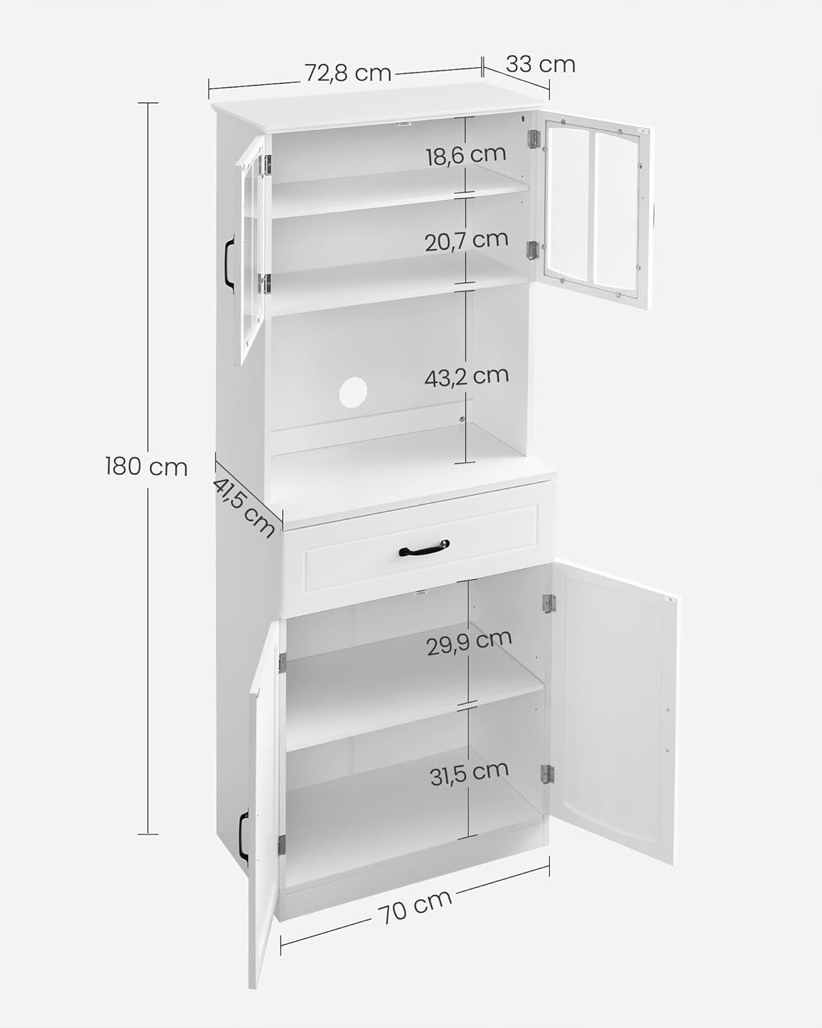 VASAGLE Küchenschrank, Mehrzweckschrank, Vorratsschrank, mit verstellbaren Einlegeböden, für Mikrowellen geeignet, Schublade, Glastüren, Kabelloch, moderner Stil, weiß LSC361W21 — Ansicht 6