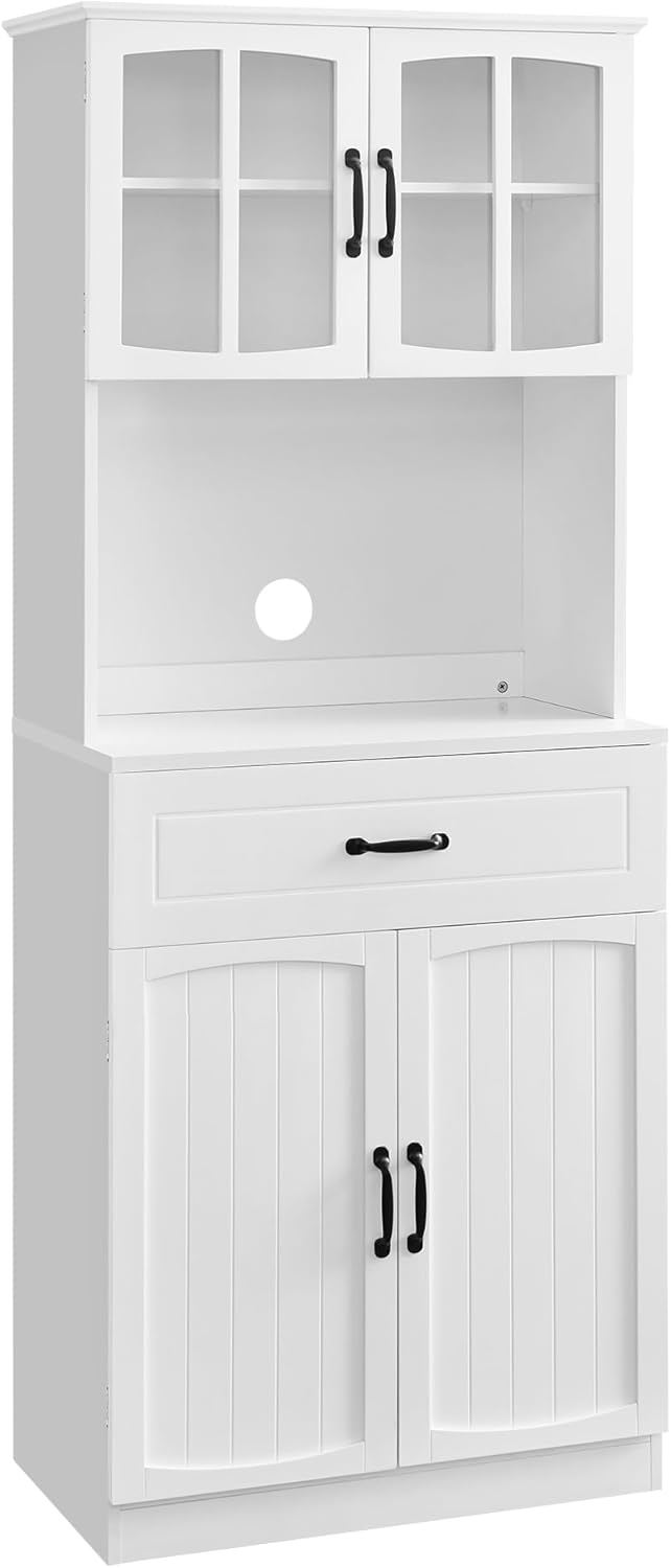 VASAGLE Küchenschrank, Mehrzweckschrank, Vorratsschrank, mit verstellbaren Einlegeböden, für Mikrowellen geeignet, Schublade, Glastüren, Kabelloch, moderner Stil, weiß LSC361W21