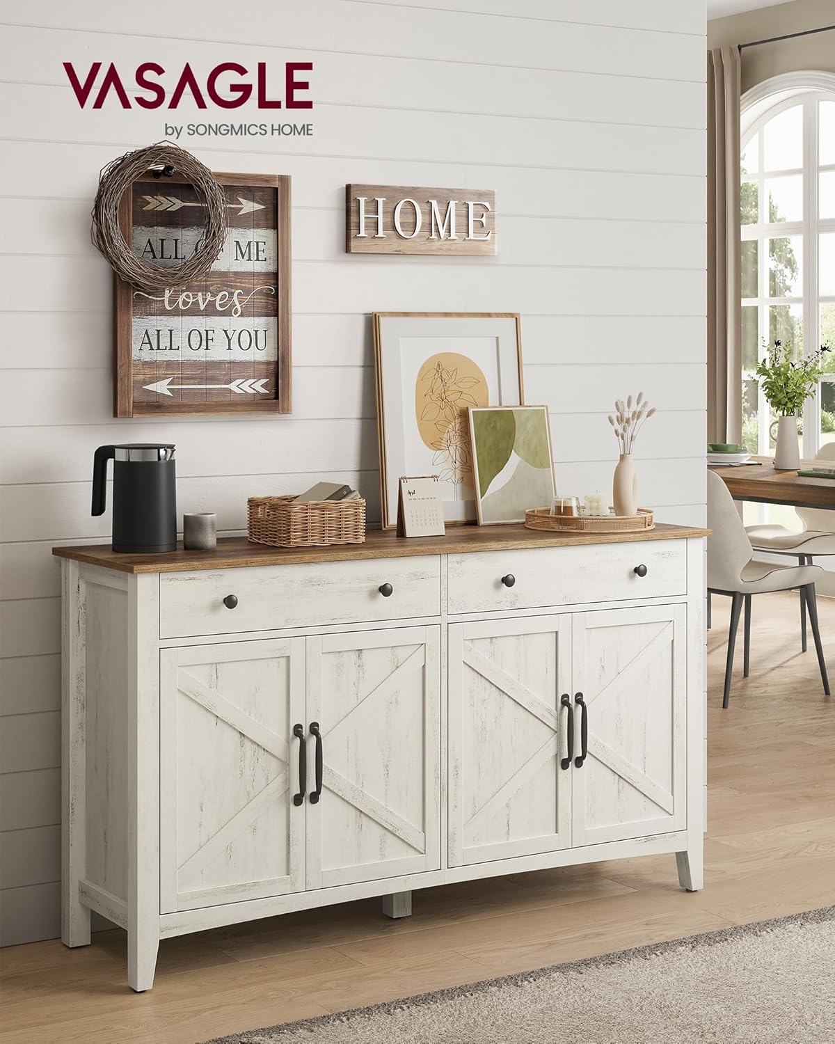 VASAGLE Küchenschrank, Sideboard mit Schubladen, Aufbewahrungsschrank mit Türen, verstellbare Ablage, Landhausstil, für Wohnzimmer Küche Esszimmer, 40 x 140 x 80 cm, vintageweiß-honigbraun BBK381W02 — Ansicht 2