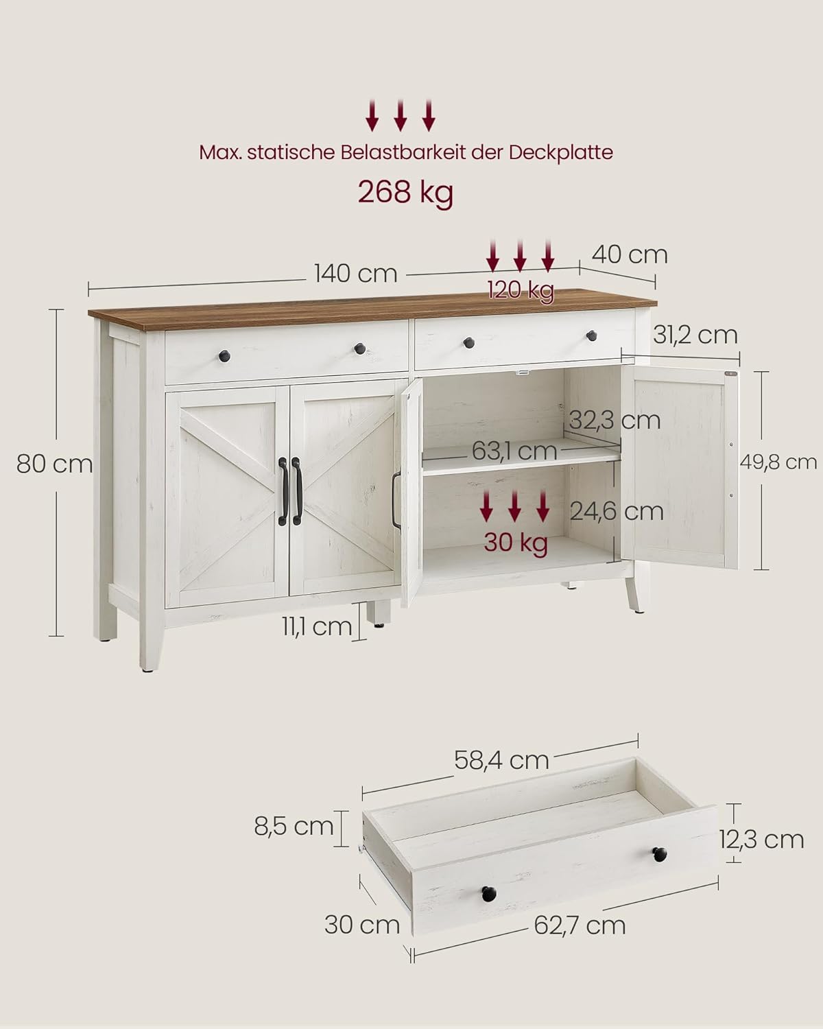 VASAGLE Küchenschrank, Sideboard mit Schubladen, Aufbewahrungsschrank mit Türen, verstellbare Ablage, Landhausstil, für Wohnzimmer Küche Esszimmer, 40 x 140 x 80 cm, vintageweiß-honigbraun BBK381W02 — Ansicht 3