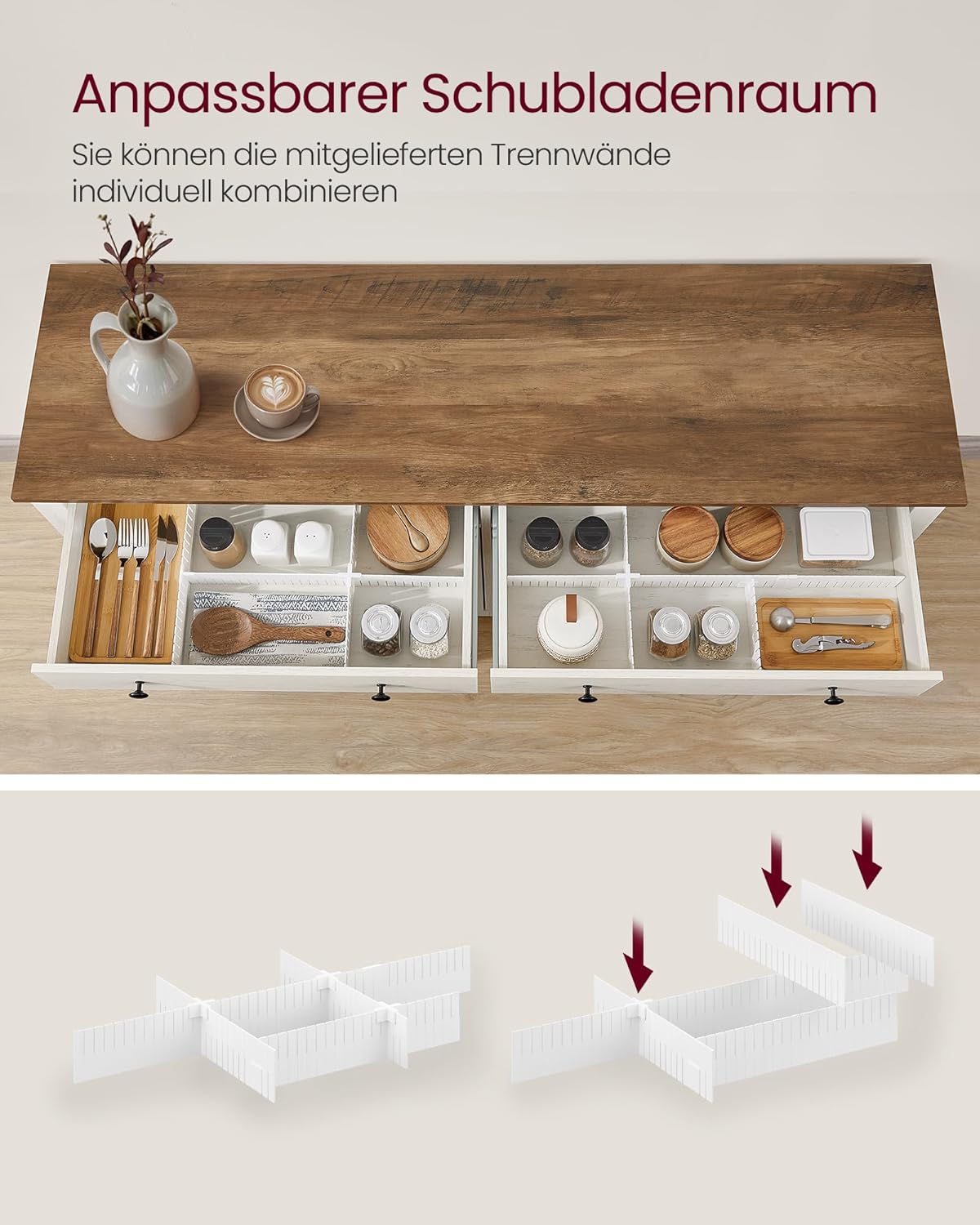 VASAGLE Küchenschrank, Sideboard mit Schubladen, Aufbewahrungsschrank mit Türen, verstellbare Ablage, Landhausstil, für Wohnzimmer Küche Esszimmer, 40 x 140 x 80 cm, vintageweiß-honigbraun BBK381W02 — Ansicht 4