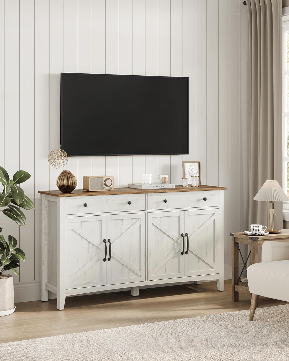 VASAGLE Küchenschrank, Sideboard mit Schubladen, Aufbewahrungsschrank mit Türen, verstellbare Ablage, Landhausstil, für Wohnzimmer Küche Esszimmer, 40 x 140 x 80 cm, vintageweiß-honigbraun BBK381W02 — Ansicht 5