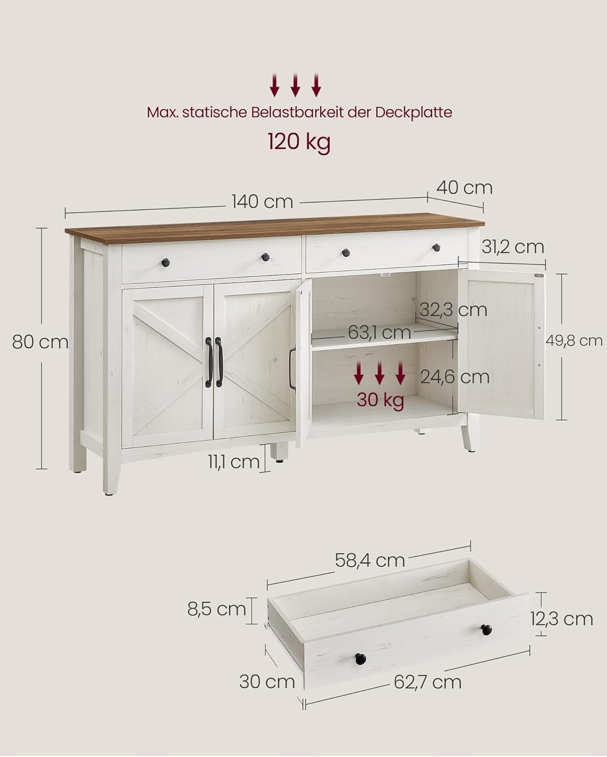 VASAGLE Küchenschrank, Sideboard mit Schubladen, Aufbewahrungsschrank mit Türen, verstellbare Ablage, Landhausstil, für Wohnzimmer Küche Esszimmer, 40 x 140 x 80 cm, vintageweiß-honigbraun BBK381W02 — Ansicht 6