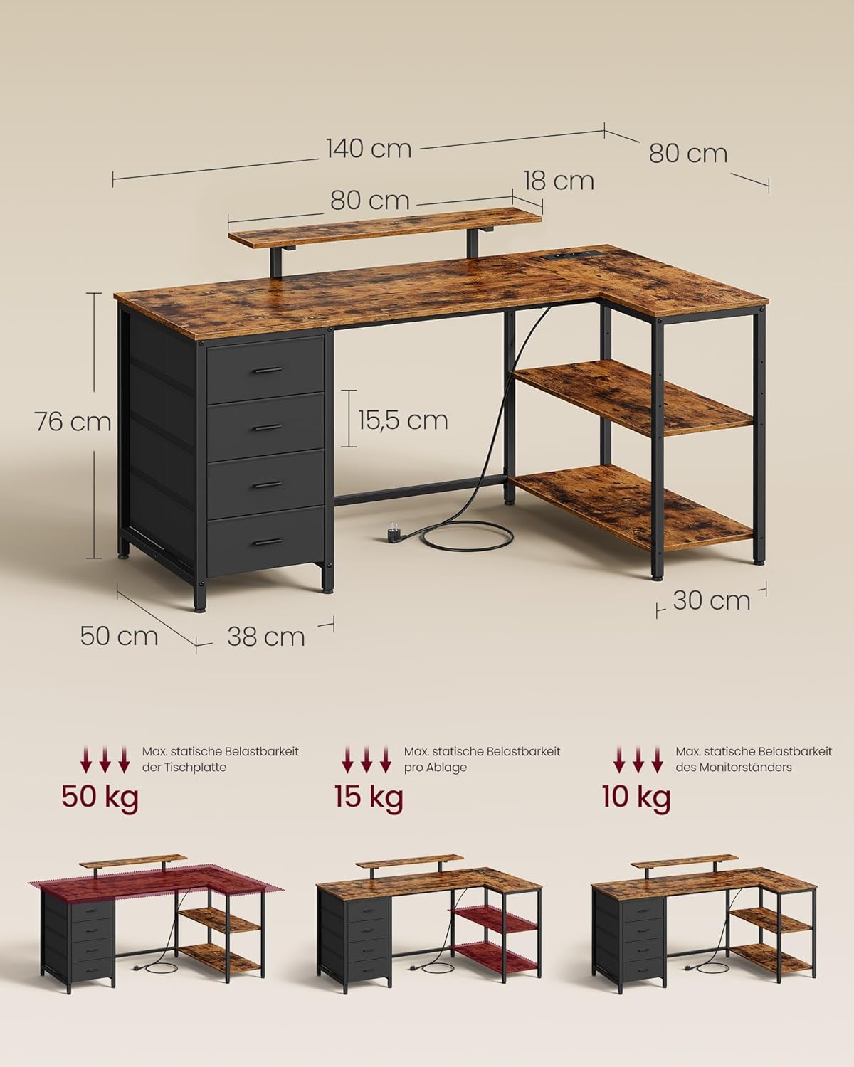 VASAGLE L-förmiger Eckschreibtisch mit Steckdosen, Computertisch, Gaming-Tisch, beidseitig montierbar, verstellbare Ablagen, 4 Schubladen, 2 USB-Anschlüsse, 140 x 80 cm, vintagebraun LWD172KD01 — Ansicht 2