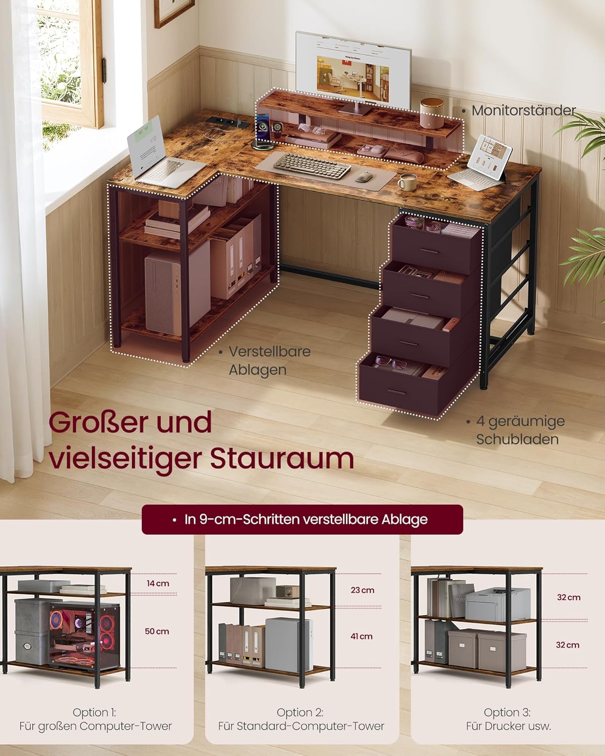 VASAGLE L-förmiger Eckschreibtisch mit Steckdosen, Computertisch, Gaming-Tisch, beidseitig montierbar, verstellbare Ablagen, 4 Schubladen, 2 USB-Anschlüsse, 140 x 80 cm, vintagebraun LWD172KD01 — Ansicht 4