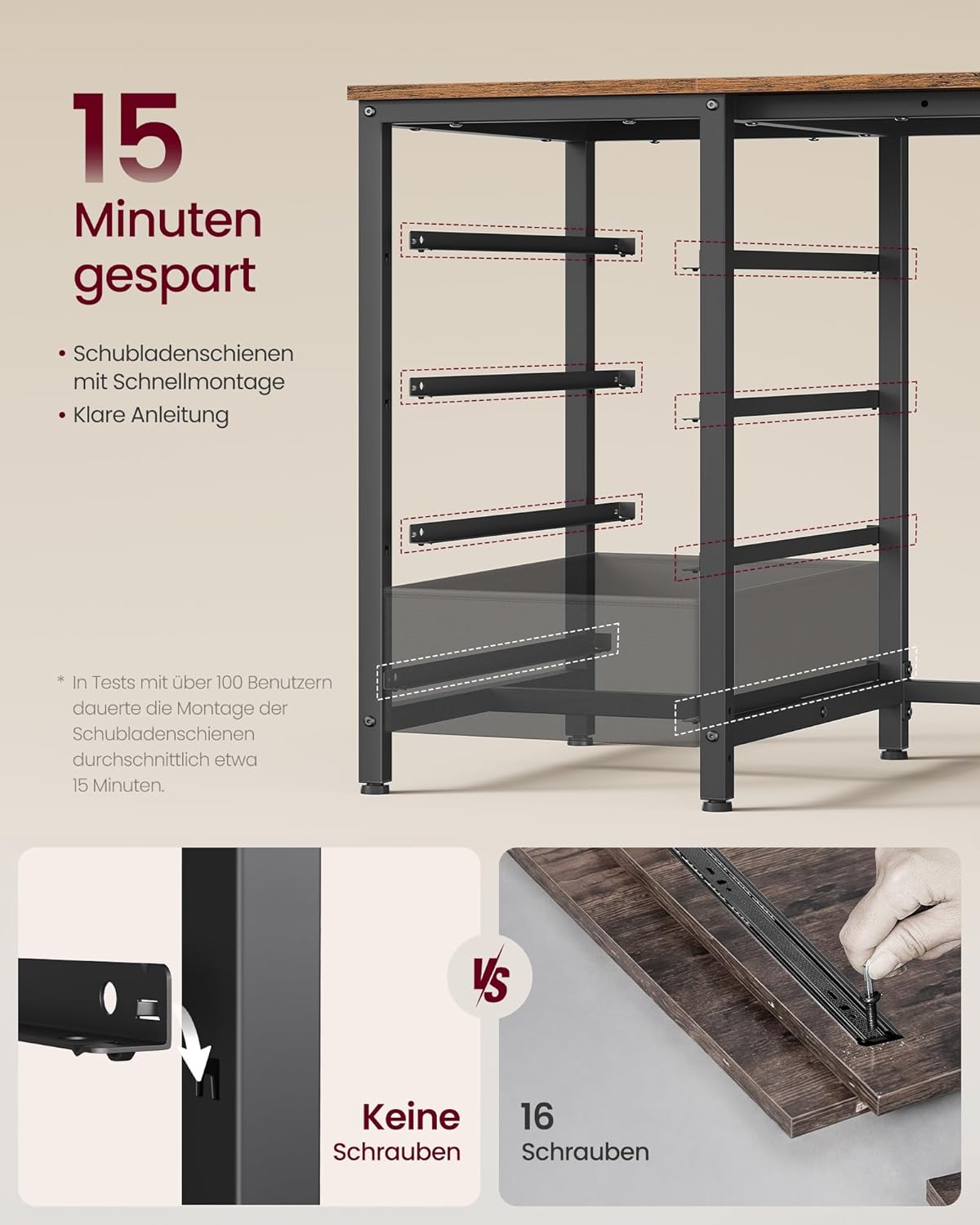 VASAGLE L-förmiger Eckschreibtisch mit Steckdosen, Computertisch, Gaming-Tisch, beidseitig montierbar, verstellbare Ablagen, 4 Schubladen, 2 USB-Anschlüsse, 140 x 80 cm, vintagebraun LWD172KD01 — Ansicht 5