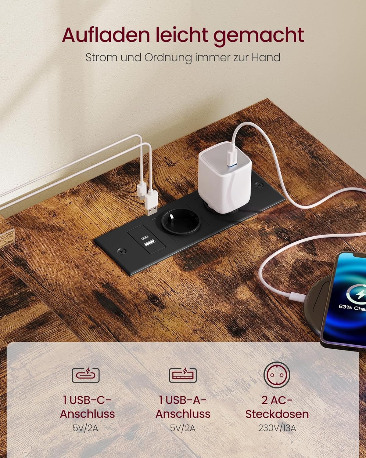 VASAGLE L-förmiger Eckschreibtisch mit Steckdosen, Computertisch, Gaming-Tisch, beidseitig montierbar, verstellbare Ablagen, 4 Schubladen, 2 USB-Anschlüsse, 140 x 80 cm, vintagebraun LWD172KD01 — Ansicht 6