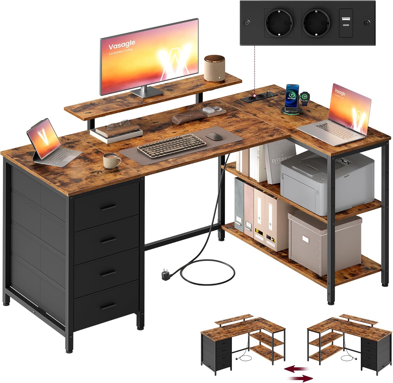 VASAGLE L-förmiger Eckschreibtisch mit Steckdosen, Computertisch, Gaming-Tisch, beidseitig montierbar, verstellbare Ablagen, 4 Schubladen, 2 USB-Anschlüsse, 140 x 80 cm, vintagebraun LWD172KD01