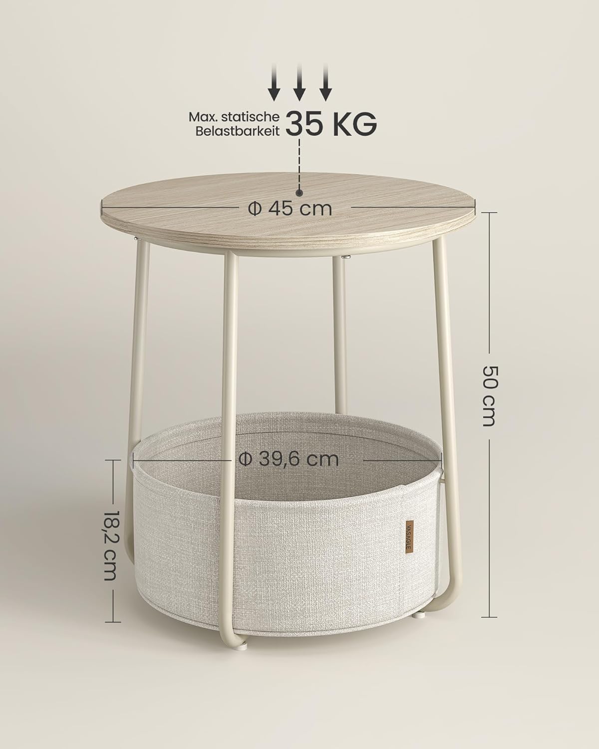 VASAGLE LILEA Kollektion - Beistelltisch rund, Kleiner Tisch, Couchtisch klein, Wohnzimmertisch, Korb aus Stoff, für Wohnzimmer Schlafzimmer, Nachttisch modern, naturbeige-cremeweiß LET223K67 — Ansicht 2