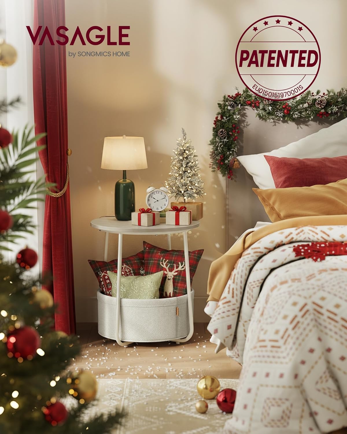 VASAGLE LILEA Kollektion - Beistelltisch rund, Kleiner Tisch, Couchtisch klein, Wohnzimmertisch, Korb aus Stoff, für Wohnzimmer Schlafzimmer, Nachttisch modern, naturbeige-cremeweiß LET223K67 — Ansicht 3