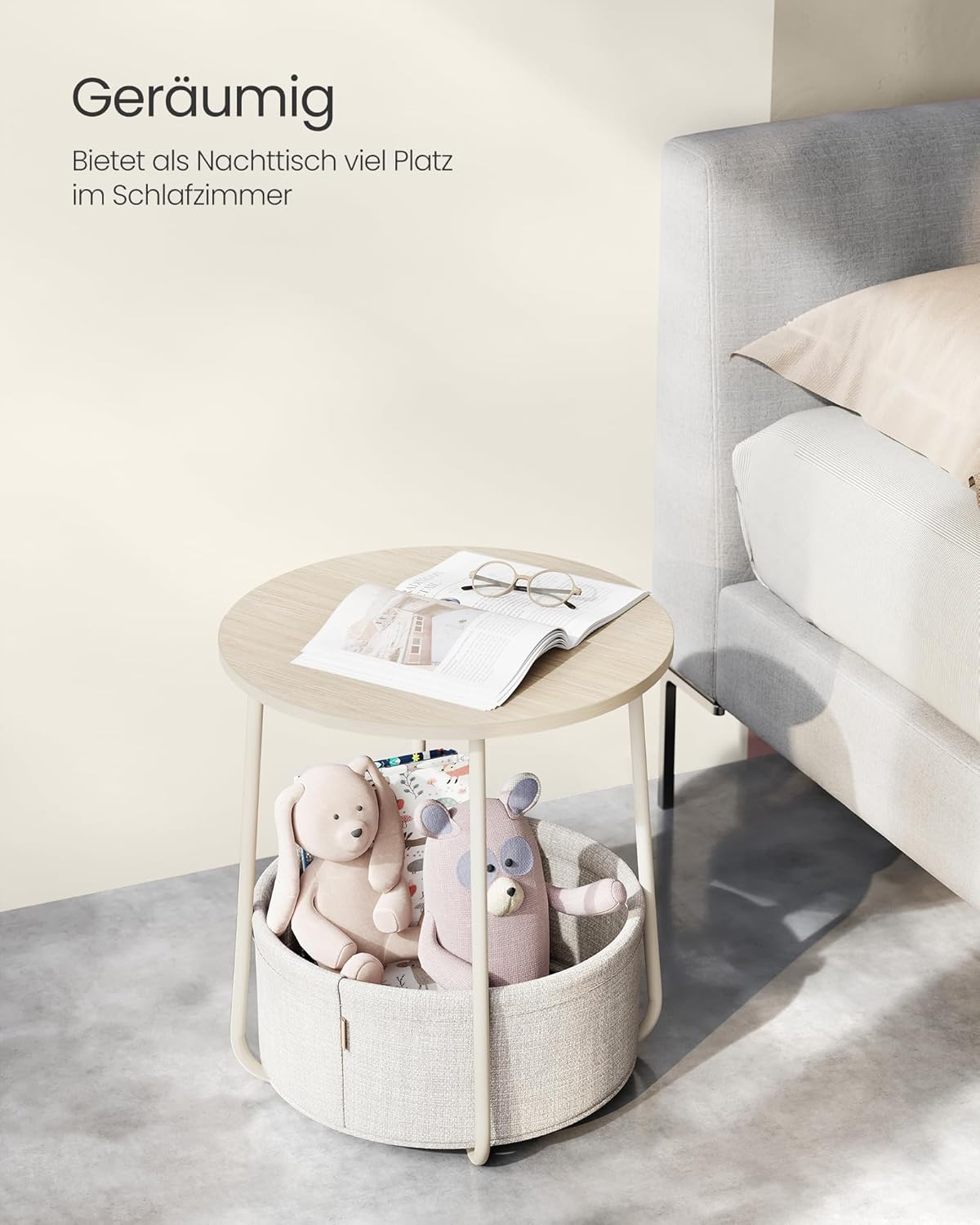 VASAGLE LILEA Kollektion - Beistelltisch rund, Kleiner Tisch, Couchtisch klein, Wohnzimmertisch, Korb aus Stoff, für Wohnzimmer Schlafzimmer, Nachttisch modern, naturbeige-cremeweiß LET223K67 — Ansicht 4