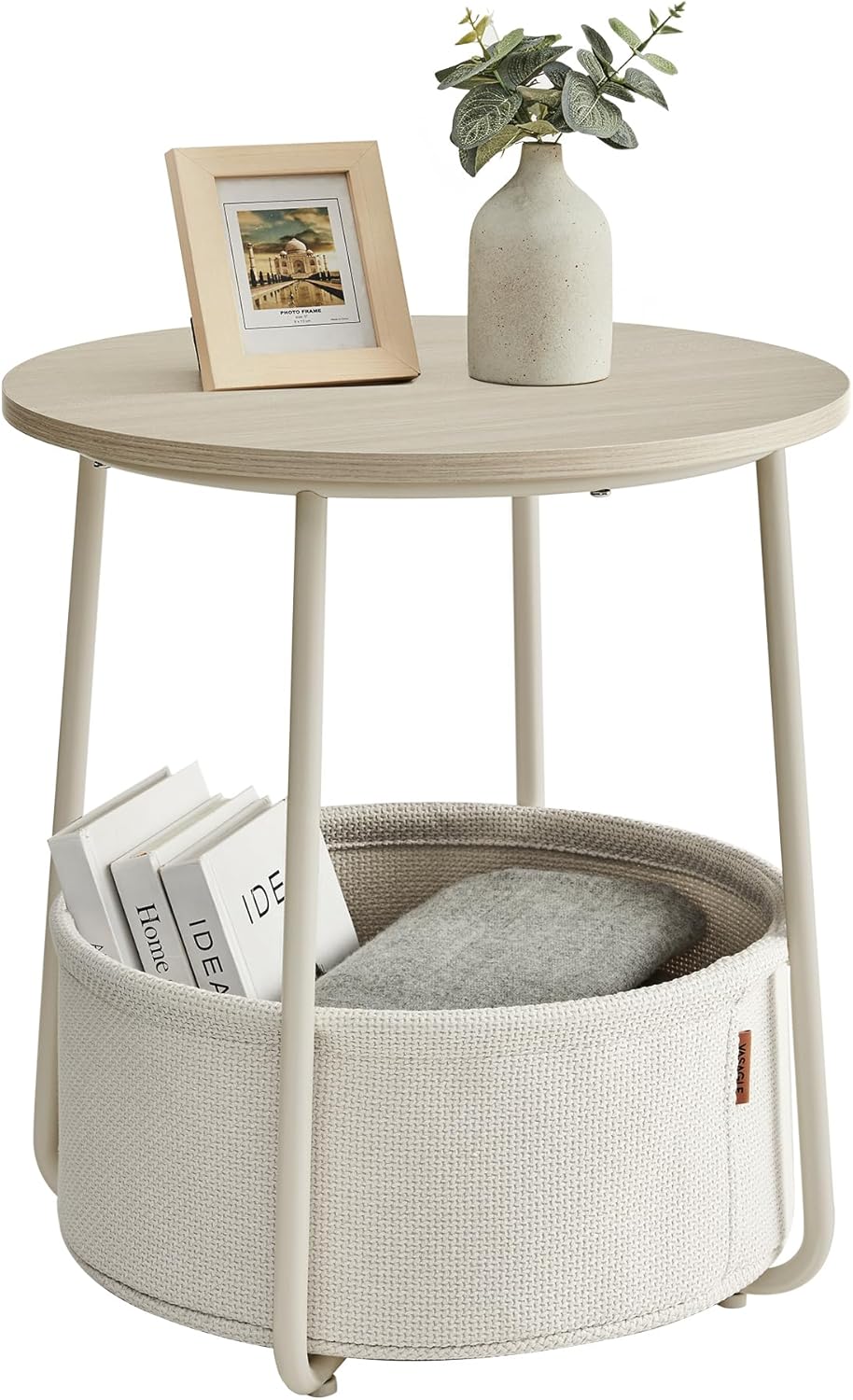 VASAGLE LILEA Kollektion - Beistelltisch rund, Kleiner Tisch, Couchtisch klein, Wohnzimmertisch, Korb aus Stoff, für Wohnzimmer Schlafzimmer, Nachttisch modern, naturbeige-cremeweiß LET223K67