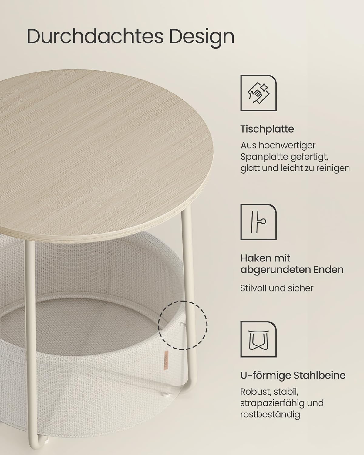 VASAGLE LILEA Kollektion - Beistelltisch rund, Kleiner Tisch, Couchtisch klein, Wohnzimmertisch, Korb aus Stoff, für Wohnzimmer Schlafzimmer, Nachttisch modern, naturbeige-cremeweiß LET223K67 — Ansicht 5