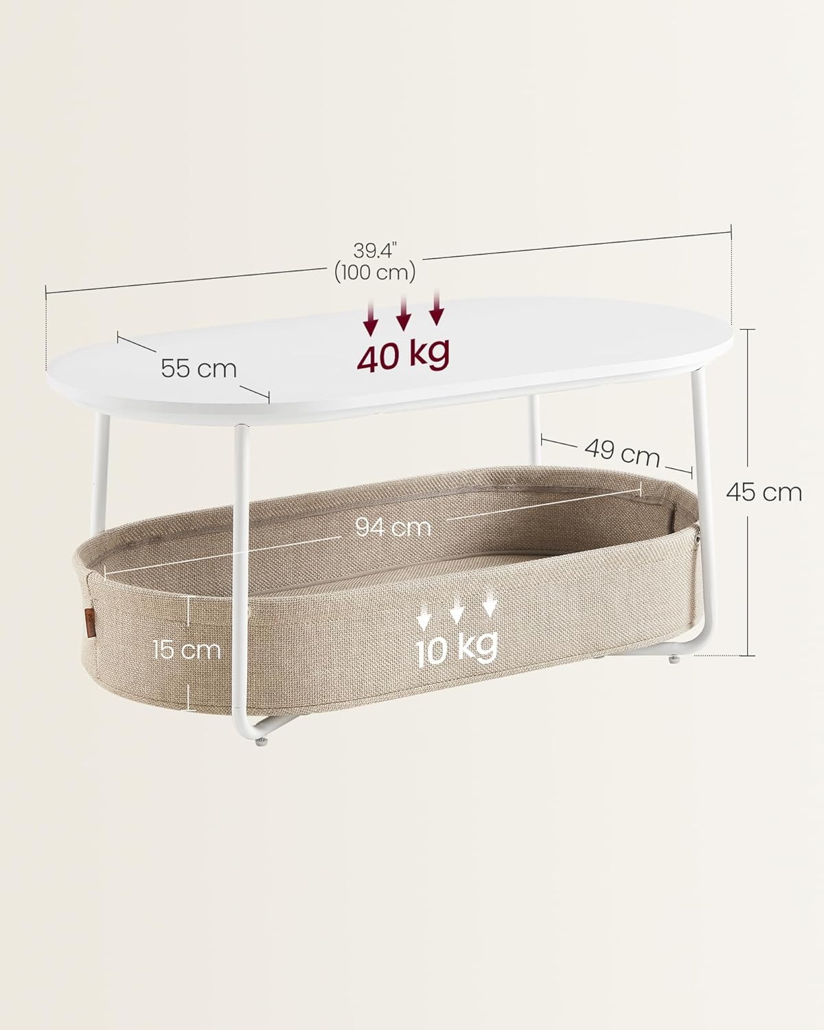 VASAGLE LILEA Kollektion - Couchtisch oval, Tisch mit Stauraum, Beistelltisch, Wohnzimmertisch mit Korb aus Stoff, modern, Metallrahmen, mattweiß-Kamelbraun LCT222W10 — Ansicht 2