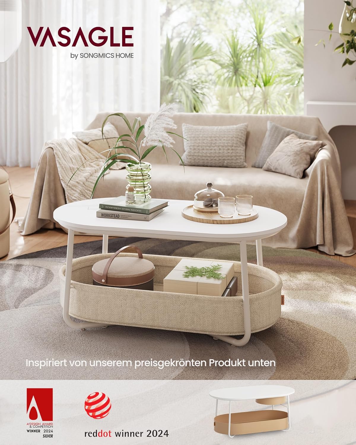 VASAGLE LILEA Kollektion - Couchtisch oval, Tisch mit Stauraum, Beistelltisch, Wohnzimmertisch mit Korb aus Stoff, modern, Metallrahmen, mattweiß-Kamelbraun LCT222W10 — Ansicht 3