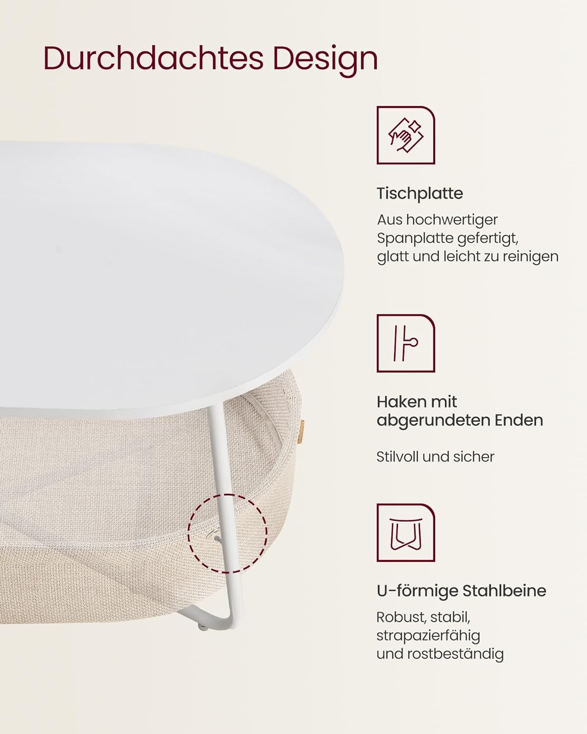 VASAGLE LILEA Kollektion - Couchtisch oval, Tisch mit Stauraum, Beistelltisch, Wohnzimmertisch mit Korb aus Stoff, modern, Metallrahmen, mattweiß-Kamelbraun LCT222W10 — Ansicht 4