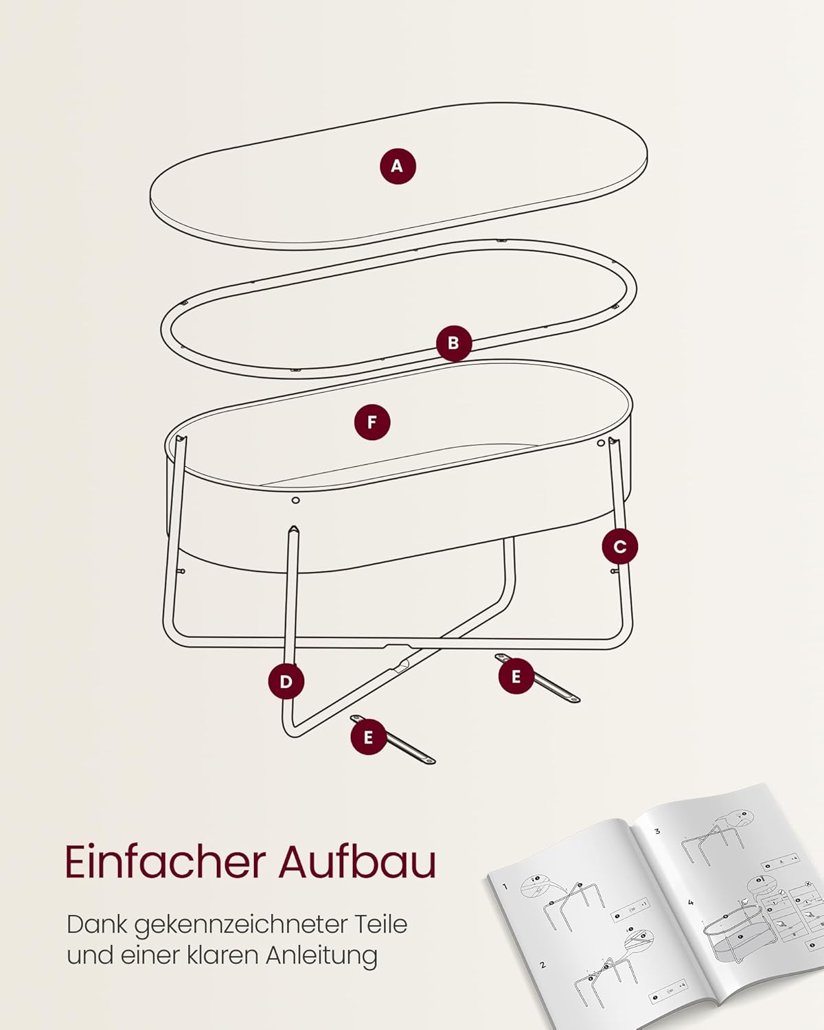 VASAGLE LILEA Kollektion - Couchtisch oval, Tisch mit Stauraum, Beistelltisch, Wohnzimmertisch mit Korb aus Stoff, modern, Metallrahmen, mattweiß-Kamelbraun LCT222W10 — Ansicht 6