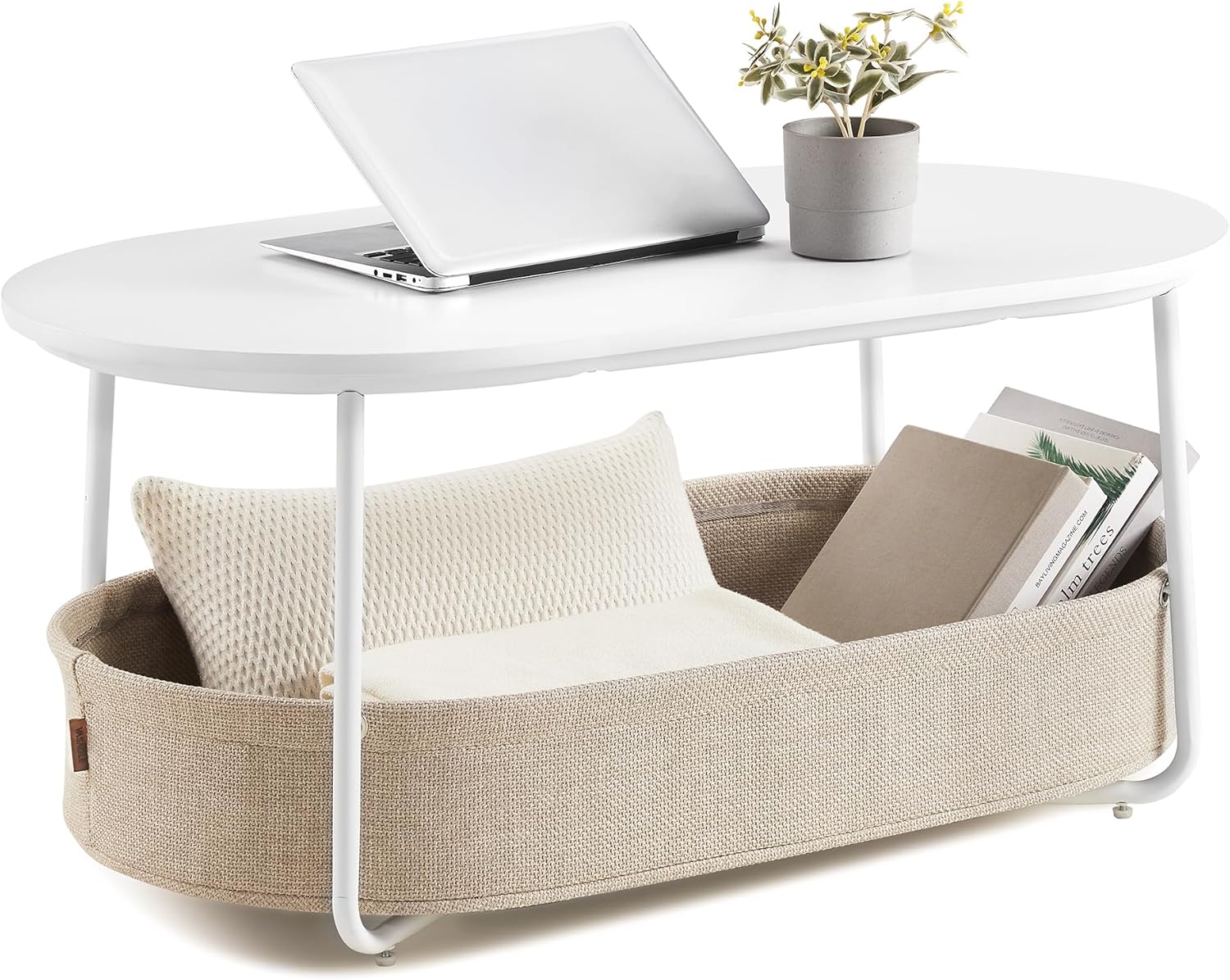 VASAGLE LILEA Kollektion - Couchtisch oval, Tisch mit Stauraum, Beistelltisch, Wohnzimmertisch mit Korb aus Stoff, modern, Metallrahmen, mattweiß-Kamelbraun LCT222W10