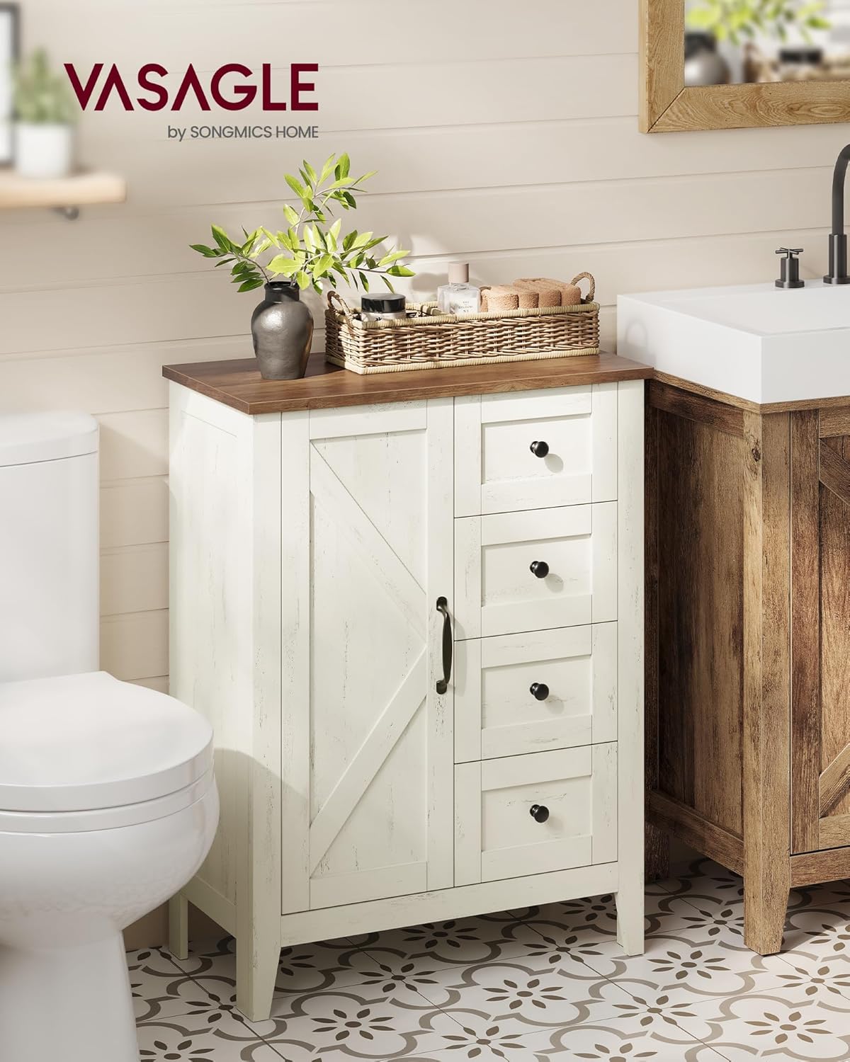 VASAGLE LIRY Kollektion - Aufbewahrungsschrank, Badezimmerschrank im Landhausstil, mit 4 Schubladen, Tür, freistehender Schrank, verstellbare Ablagen, vintageweiß BBK753W01 — Ansicht 2