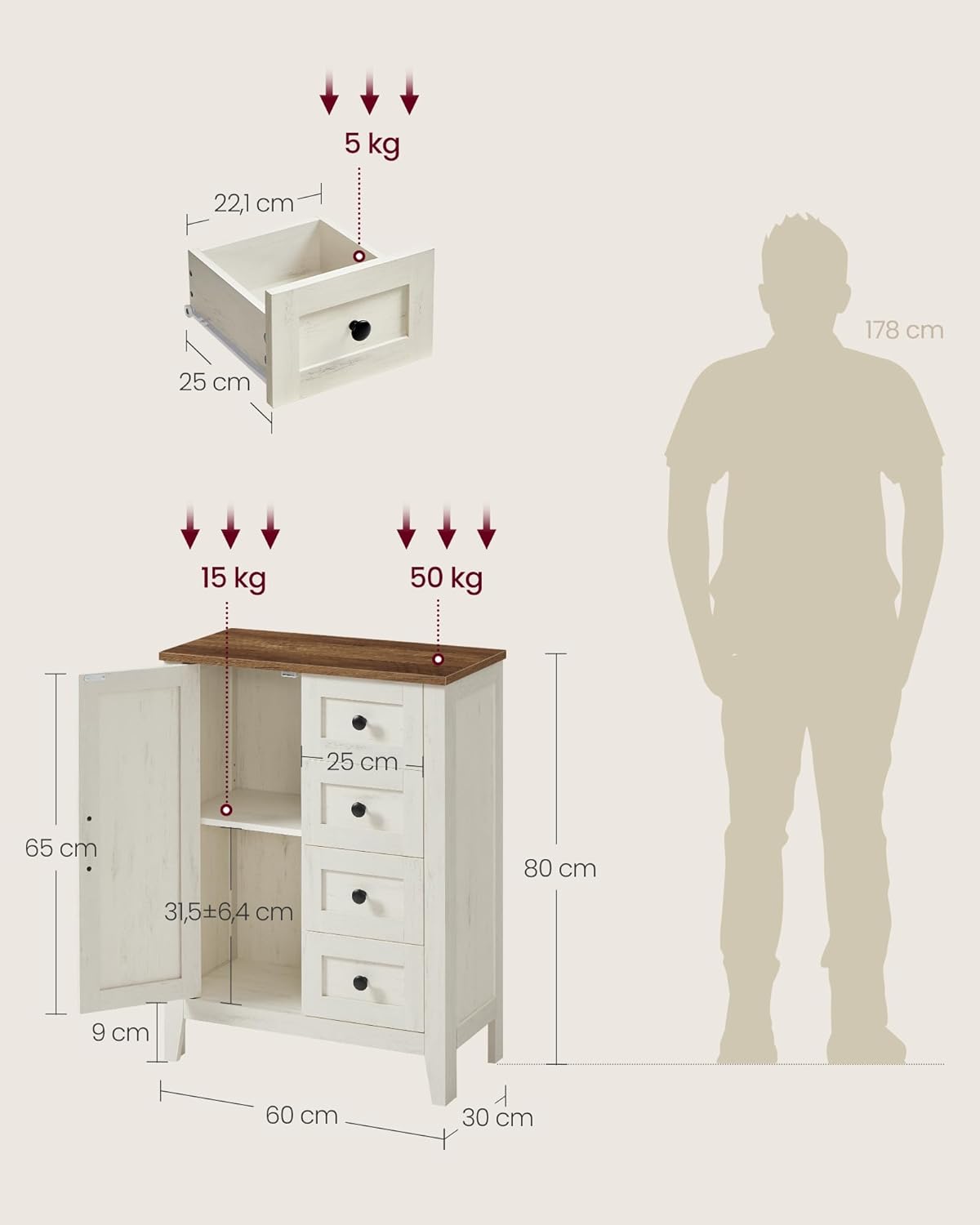 VASAGLE LIRY Kollektion - Aufbewahrungsschrank, Badezimmerschrank im Landhausstil, mit 4 Schubladen, Tür, freistehender Schrank, verstellbare Ablagen, vintageweiß BBK753W01 — Ansicht 3