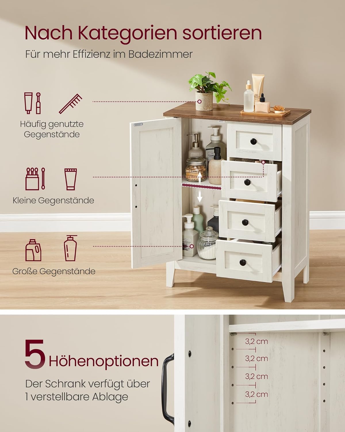 VASAGLE LIRY Kollektion - Aufbewahrungsschrank, Badezimmerschrank im Landhausstil, mit 4 Schubladen, Tür, freistehender Schrank, verstellbare Ablagen, vintageweiß BBK753W01 — Ansicht 4