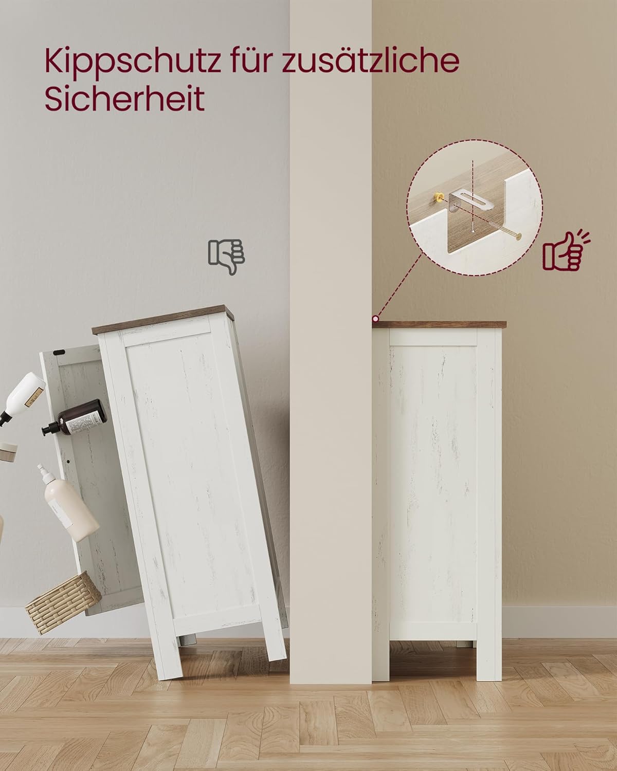 VASAGLE LIRY Kollektion - Aufbewahrungsschrank, Badezimmerschrank im Landhausstil, mit 4 Schubladen, Tür, freistehender Schrank, verstellbare Ablagen, vintageweiß BBK753W01 — Ansicht 6