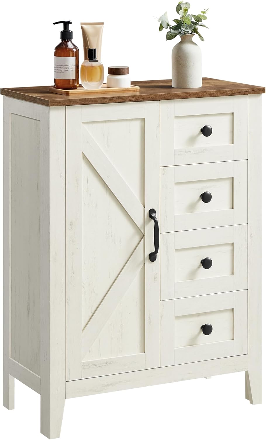 VASAGLE LIRY Kollektion - Aufbewahrungsschrank, Badezimmerschrank im Landhausstil, mit 4 Schubladen, Tür, freistehender Schrank, verstellbare Ablagen, vintageweiß BBK753W01