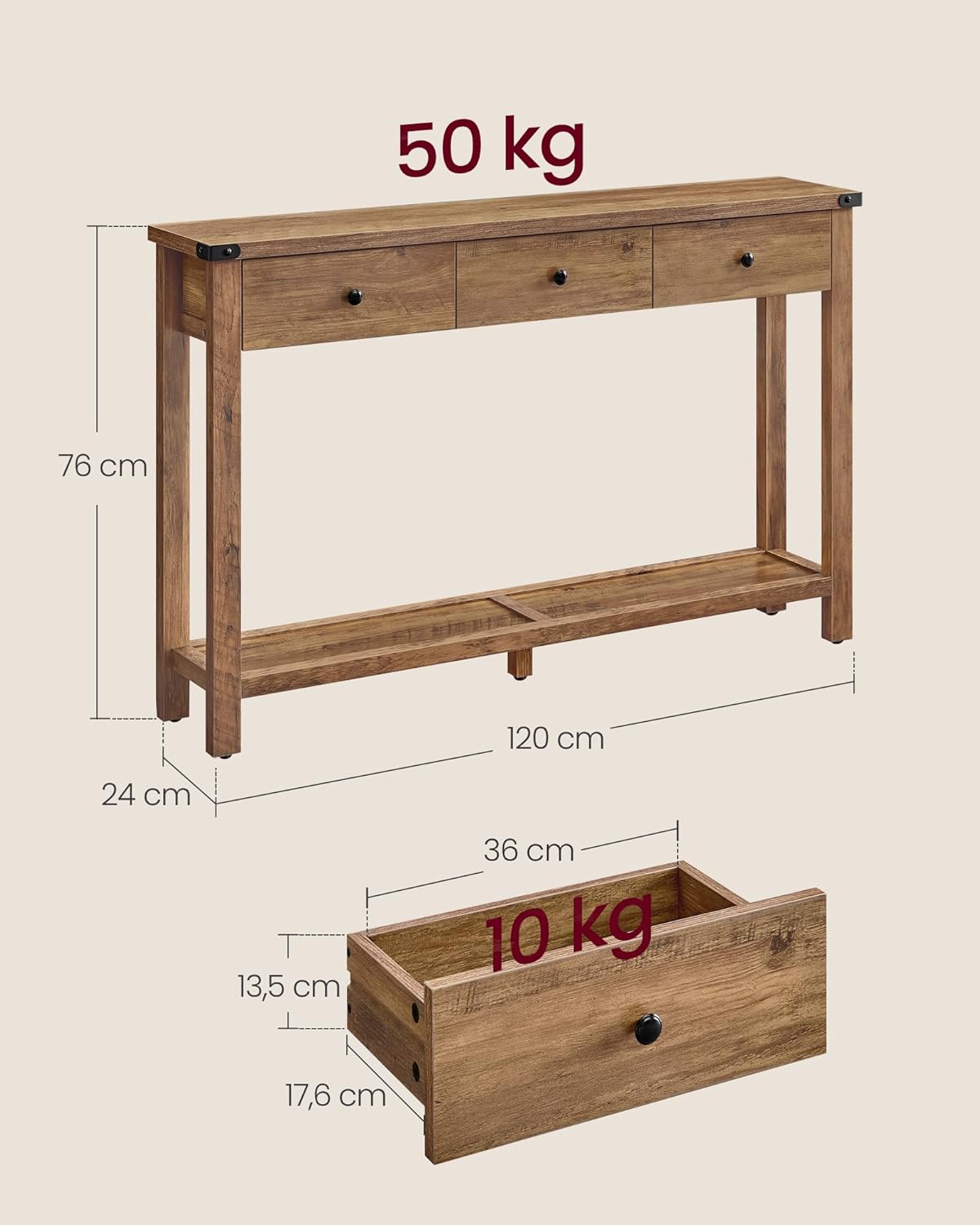 VASAGLE LIRY Kollektion - Konsolentisch, Beistelltisch, schmaler Sofatisch, mit 3 Schubladen und Einer Ablage, für Flur, Wohnzimmer, Landhausstil, honigbraun LNT142KB01 — Ansicht 3