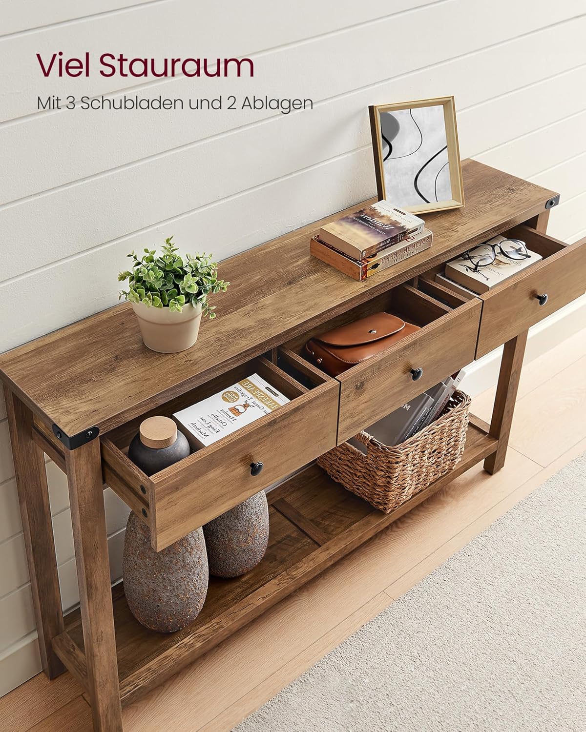 VASAGLE LIRY Kollektion - Konsolentisch, Beistelltisch, schmaler Sofatisch, mit 3 Schubladen und Einer Ablage, für Flur, Wohnzimmer, Landhausstil, honigbraun LNT142KB01 — Ansicht 4