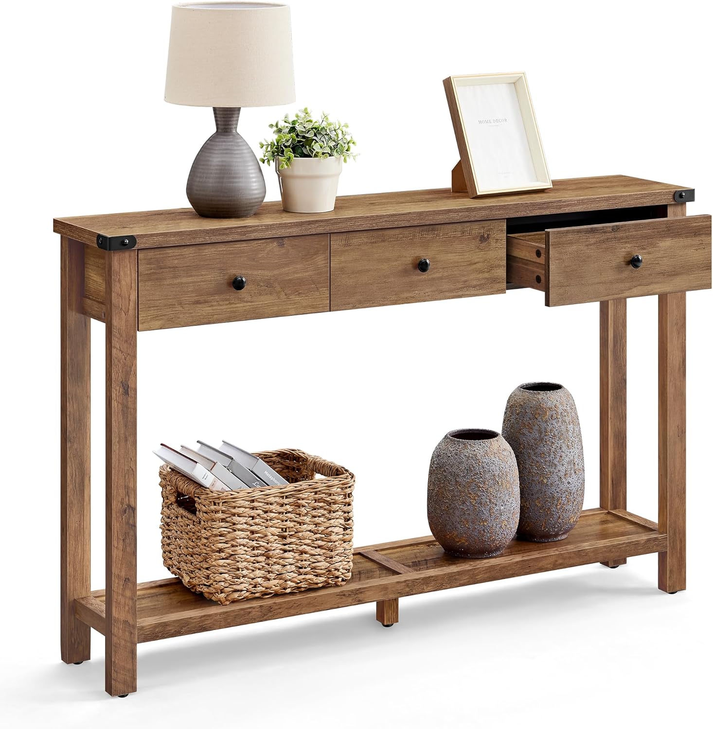 VASAGLE LIRY Kollektion - Konsolentisch, Beistelltisch, schmaler Sofatisch, mit 3 Schubladen und Einer Ablage, für Flur, Wohnzimmer, Landhausstil, honigbraun LNT142KB01