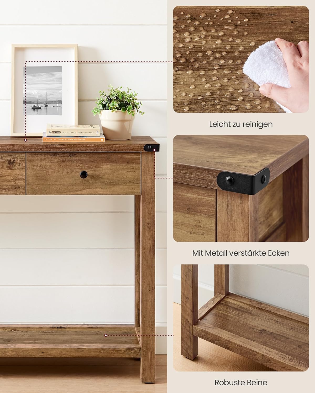VASAGLE LIRY Kollektion - Konsolentisch, Beistelltisch, schmaler Sofatisch, mit 3 Schubladen und Einer Ablage, für Flur, Wohnzimmer, Landhausstil, honigbraun LNT142KB01 — Ansicht 6