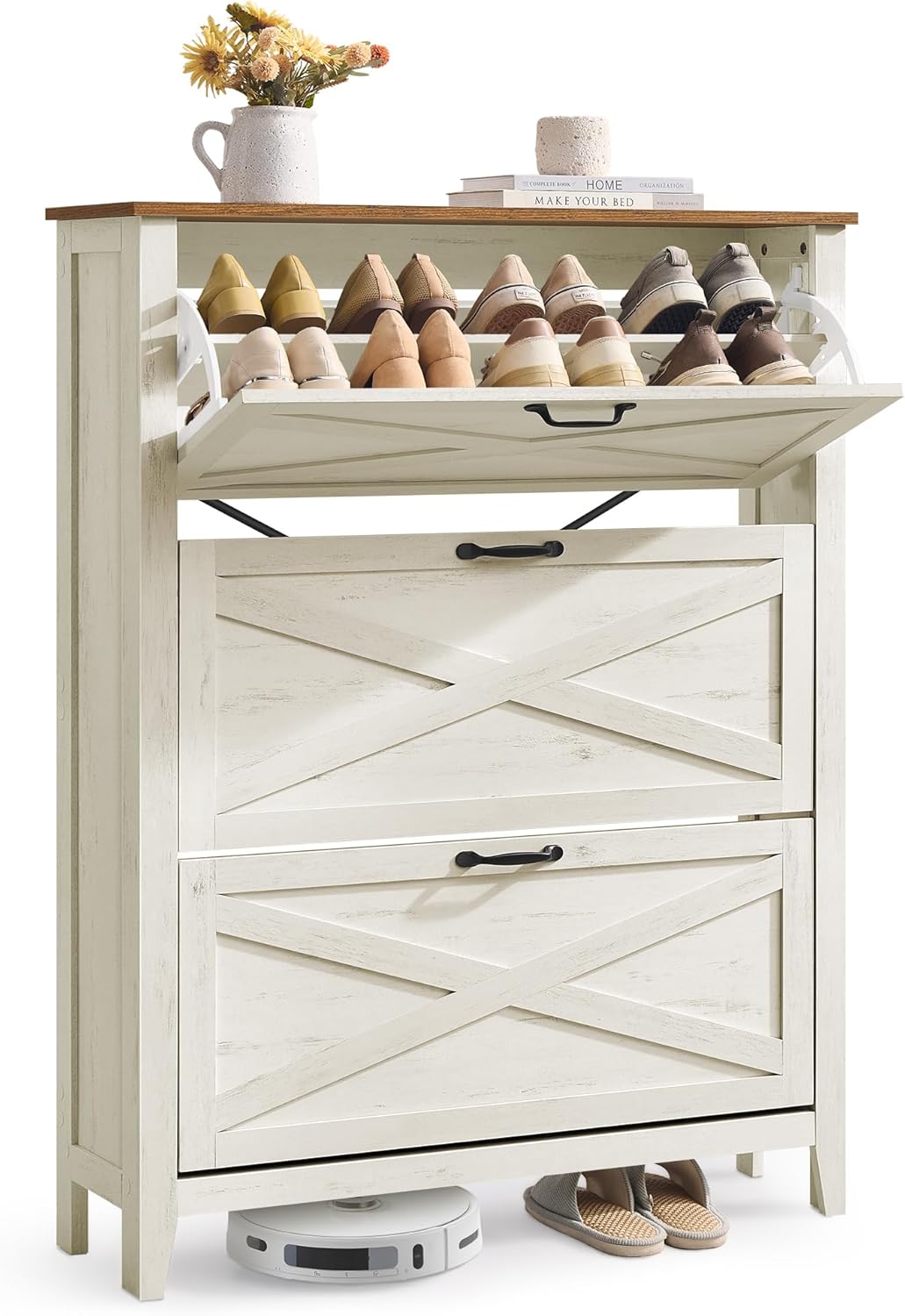 VASAGLE LIRY Kollektion - Schuhschrank 3 Klappen, Schuhkipper, freistehendes schmales Schuhregal, für Eingangsbereich, Landhausstil, für 18-24 Paar Schuhe, vintageweiß HSC301W02