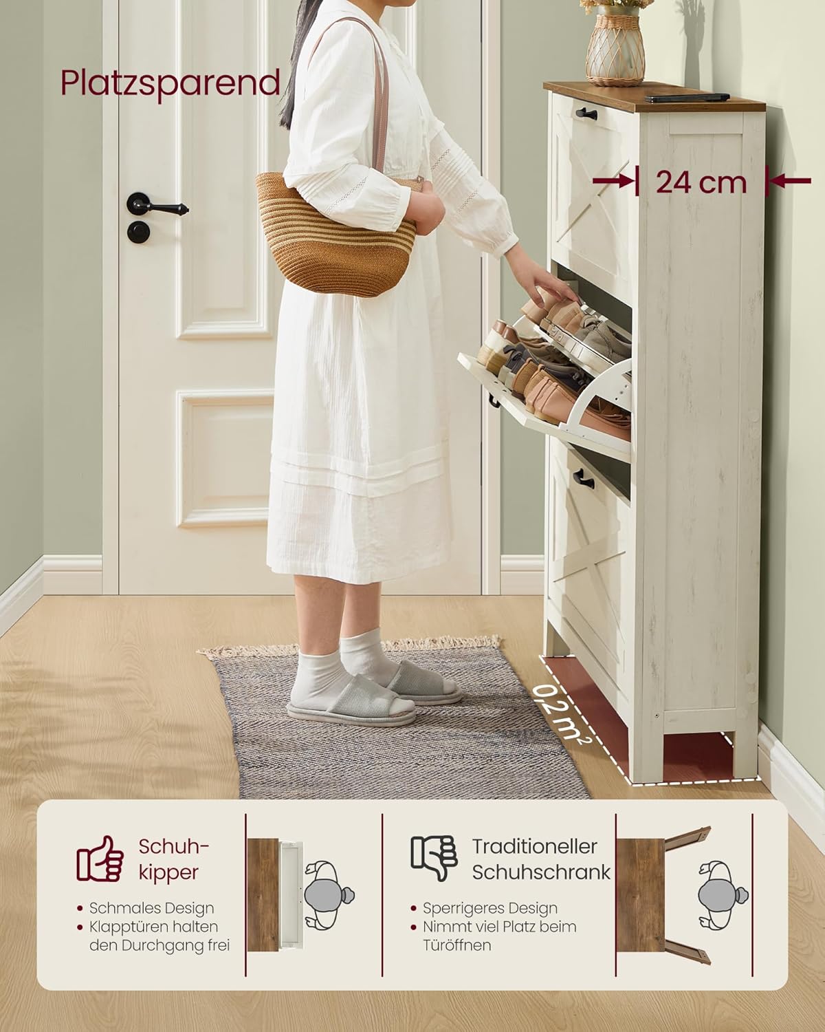 VASAGLE LIRY Kollektion - Schuhschrank 3 Klappen, Schuhkipper, freistehendes schmales Schuhregal, für Eingangsbereich, Landhausstil, für 18-24 Paar Schuhe, vintageweiß HSC301W02 — Ansicht 4